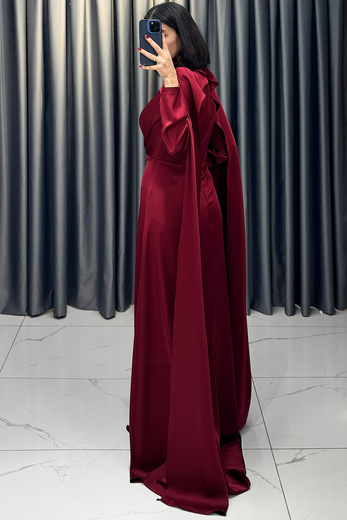 Aksesuar Detaylı Pelerinli Belden Oturtmalı Abiye Kırmızı - Görsel 5