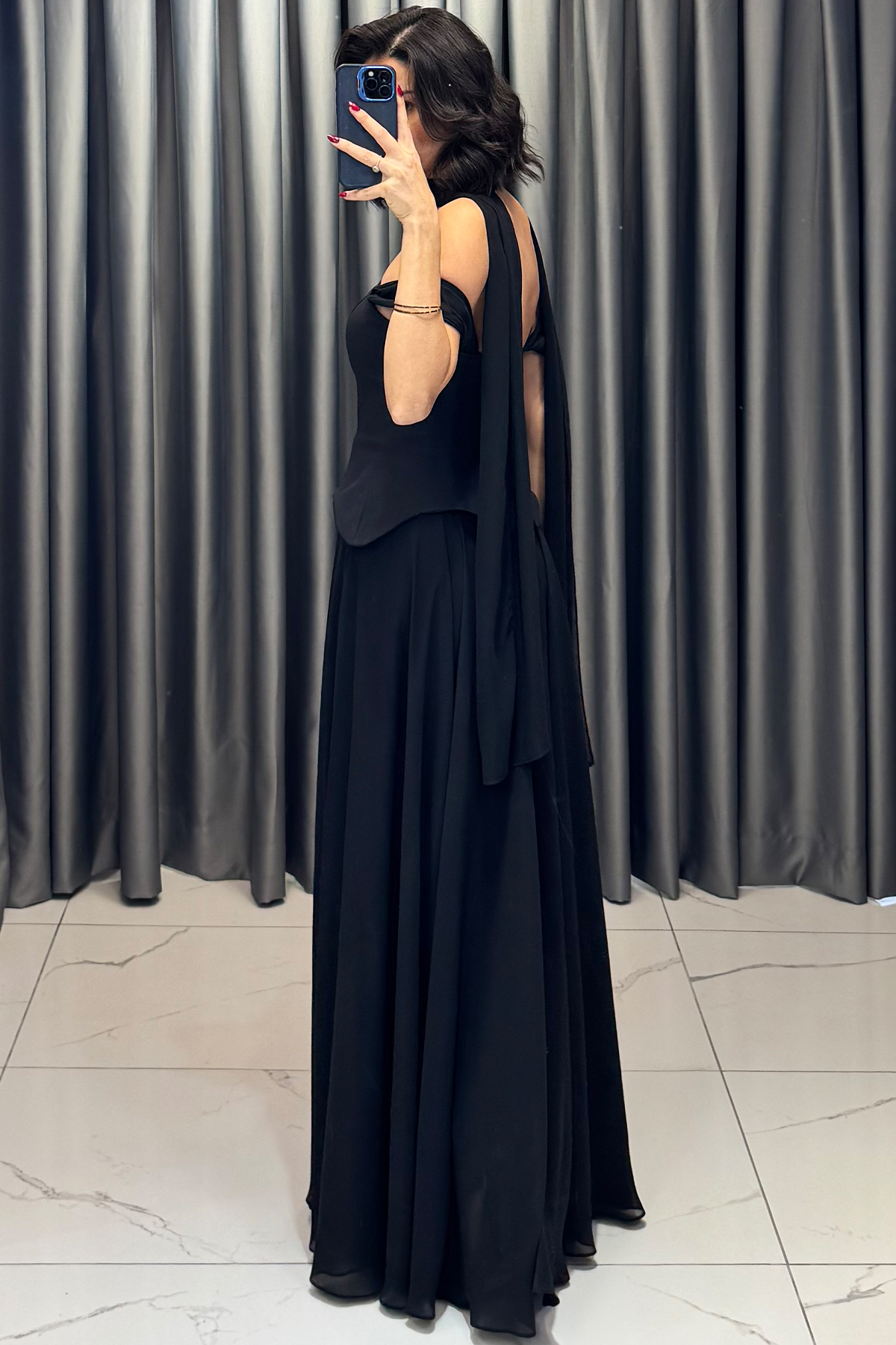 Belden Oturtmalı Düşük Kollu Şal Detaylı Abiye Siyah - Görsel 5