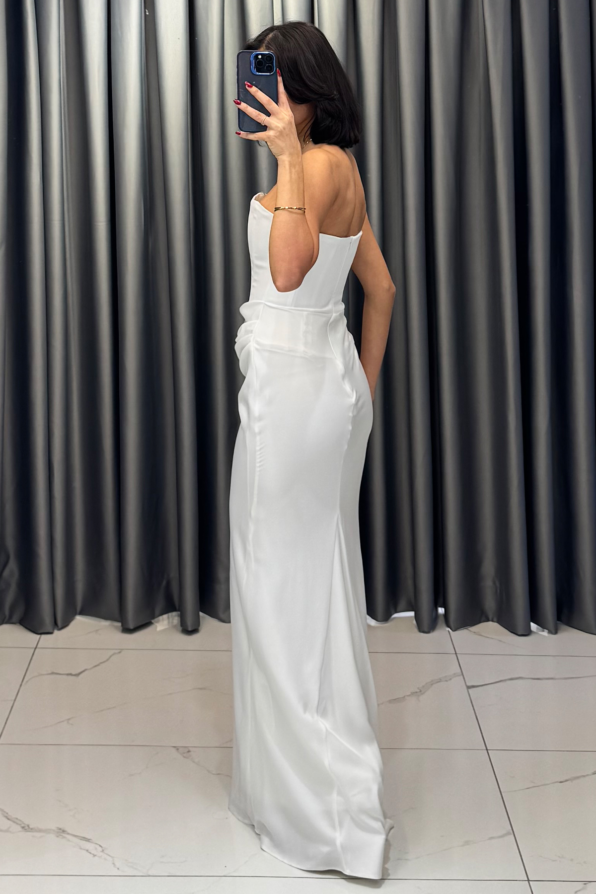 Belden Oturtmalı Straplez Uzun Abiye Beyaz - Görsel 5