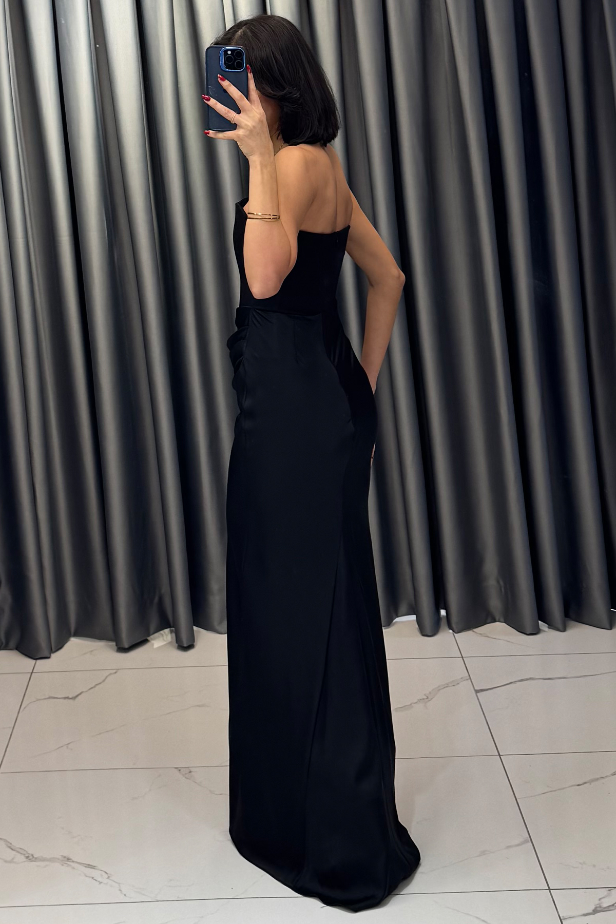 Belden Oturtmalı Straplez Uzun Abiye Siyah - Görsel 5