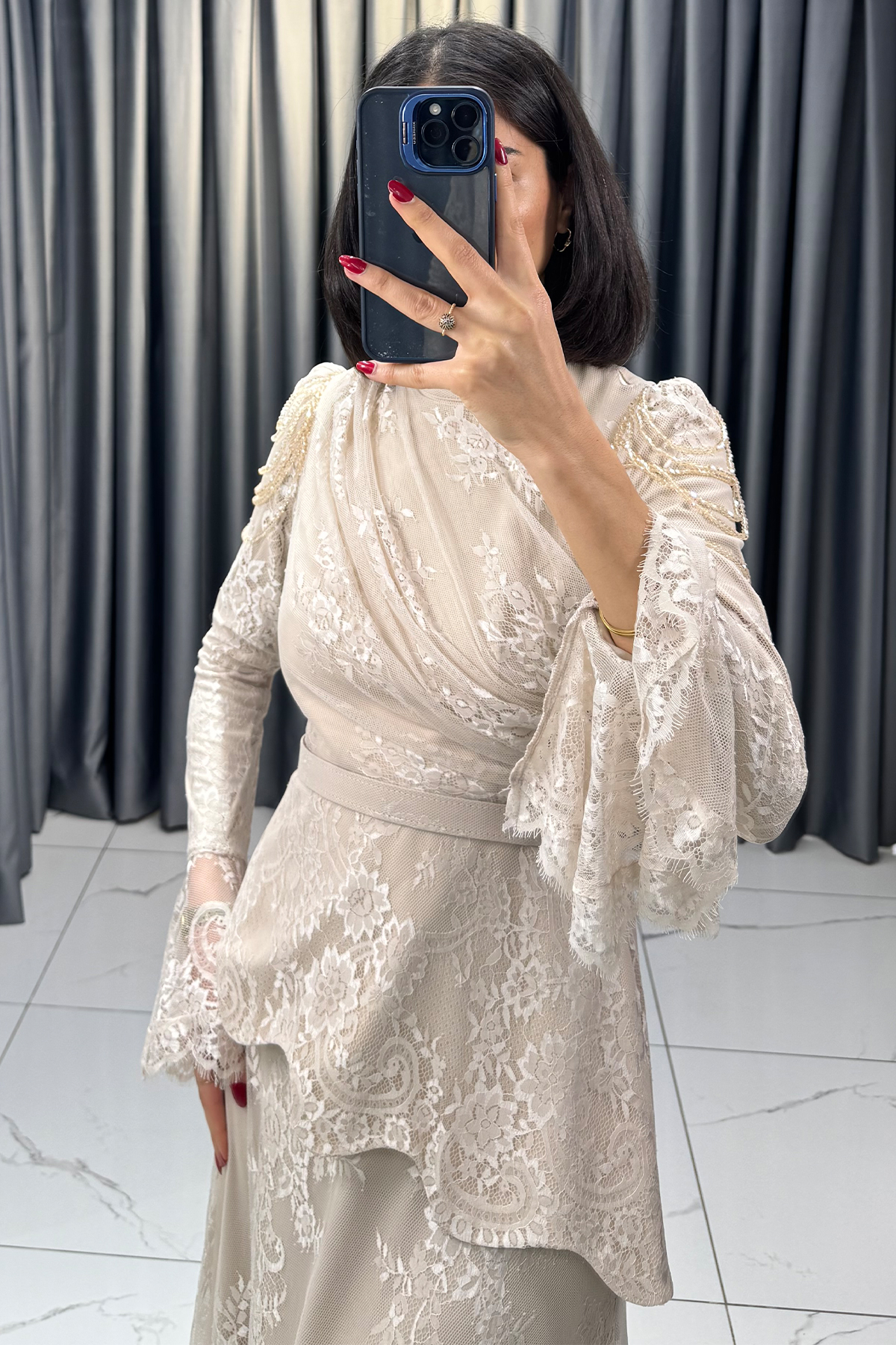 Boncuk Detaylı Beli Kemerli Abiye Bej - Görsel 5