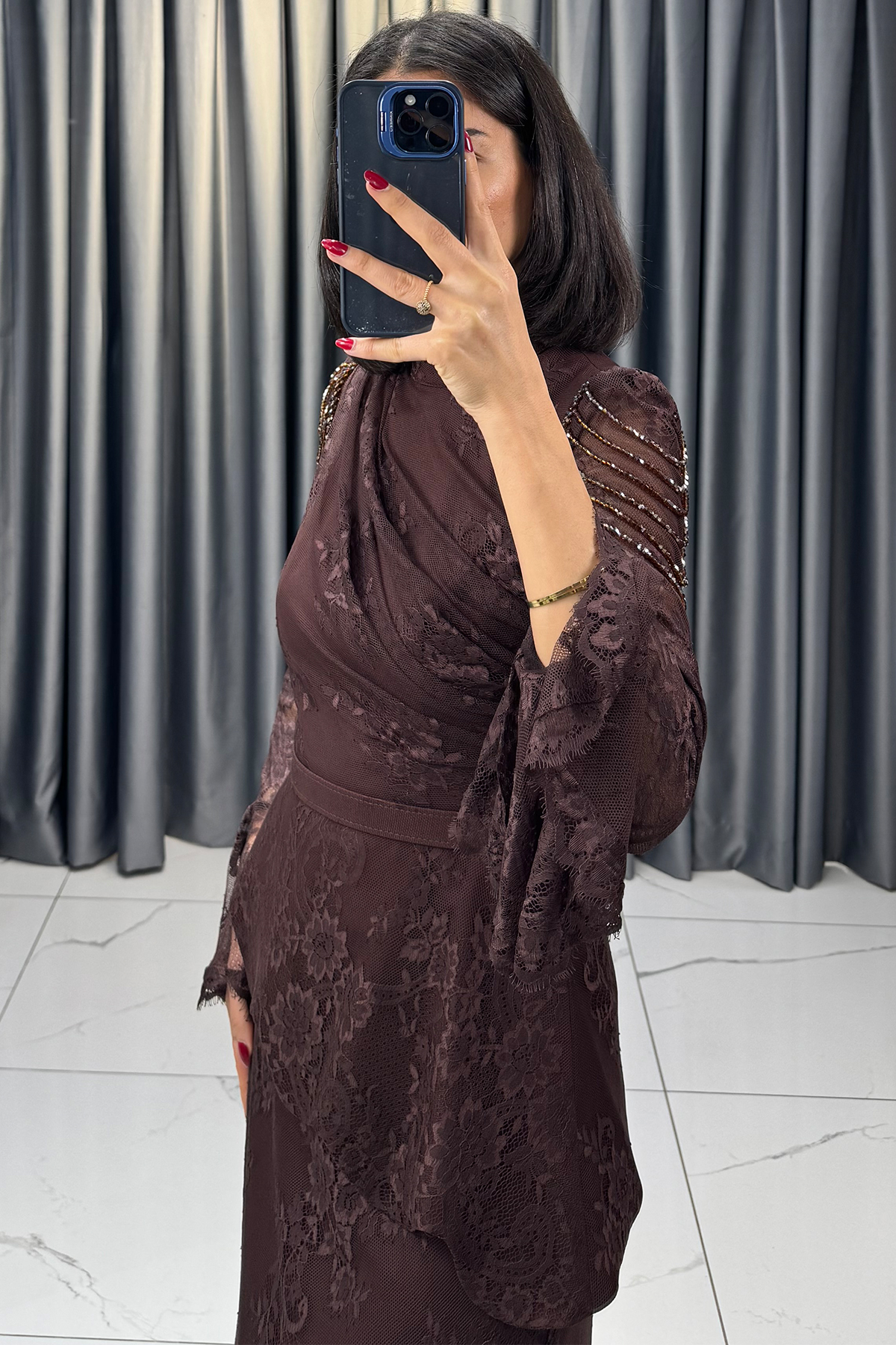 Boncuk Detaylı Beli Kemerli Abiye Kahve - Görsel 4