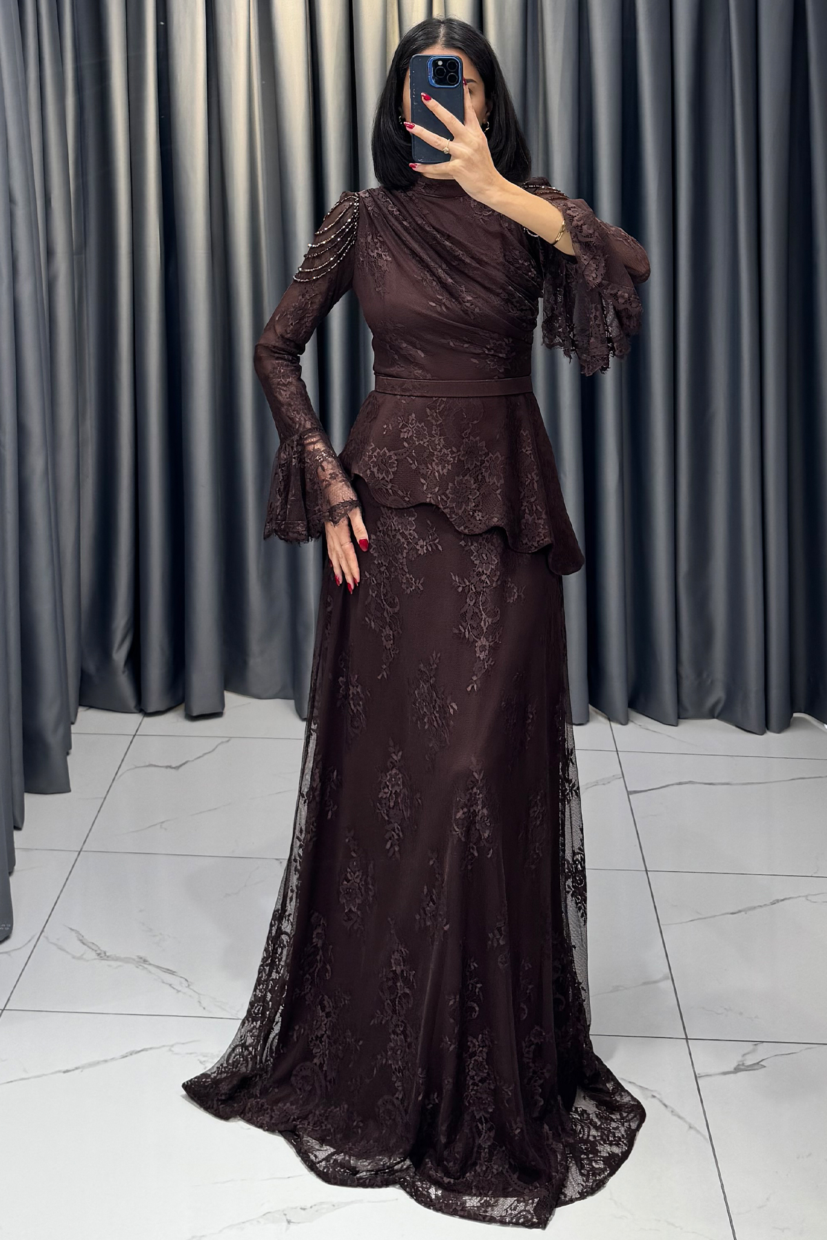 Boncuk Detaylı Beli Kemerli Abiye Kahve - Görsel 5