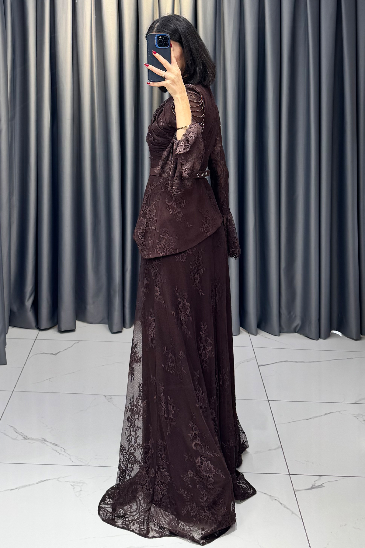 Boncuk Detaylı Beli Kemerli Abiye Kahve - Görsel 6