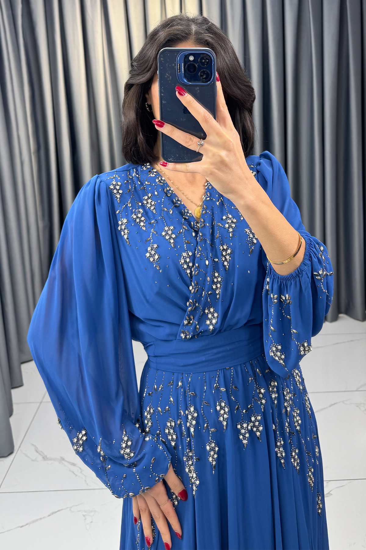 Boncuk Detaylı Beli Kemerli Büyük Beden Abiye İndigo - Görsel 2