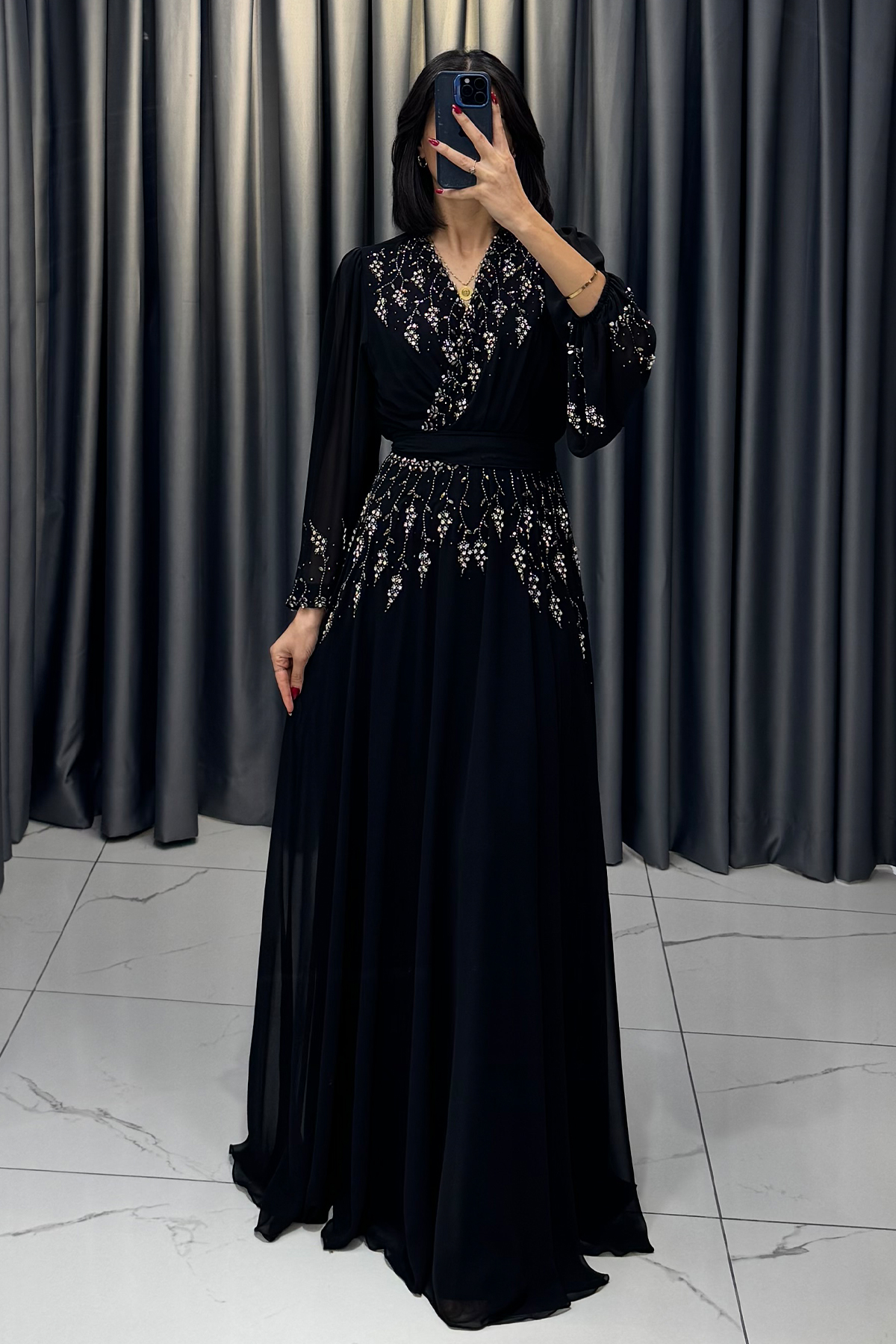 Boncuk Detaylı Beli Kemerli Büyük Beden Abiye Siyah