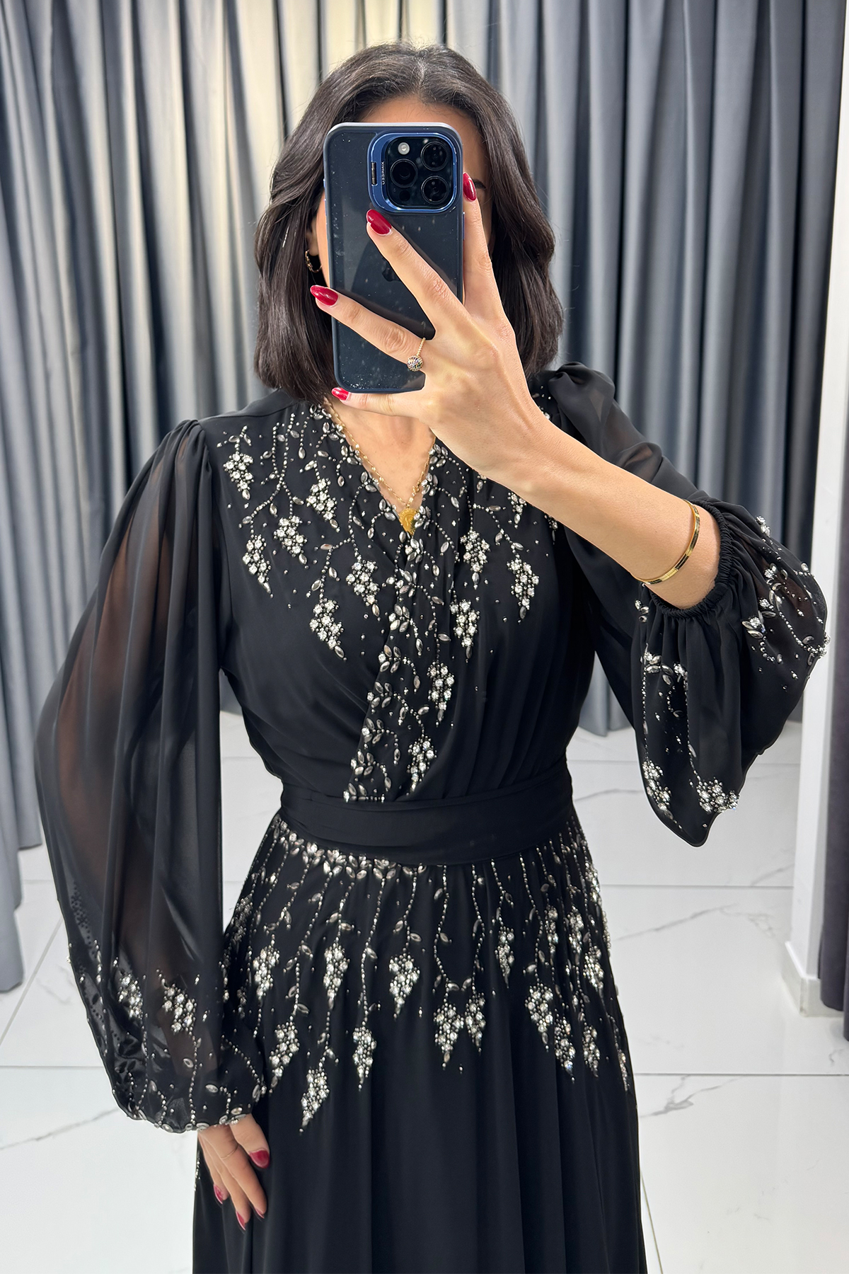 Boncuk Detaylı Beli Kemerli Büyük Beden Abiye Siyah - Görsel 2