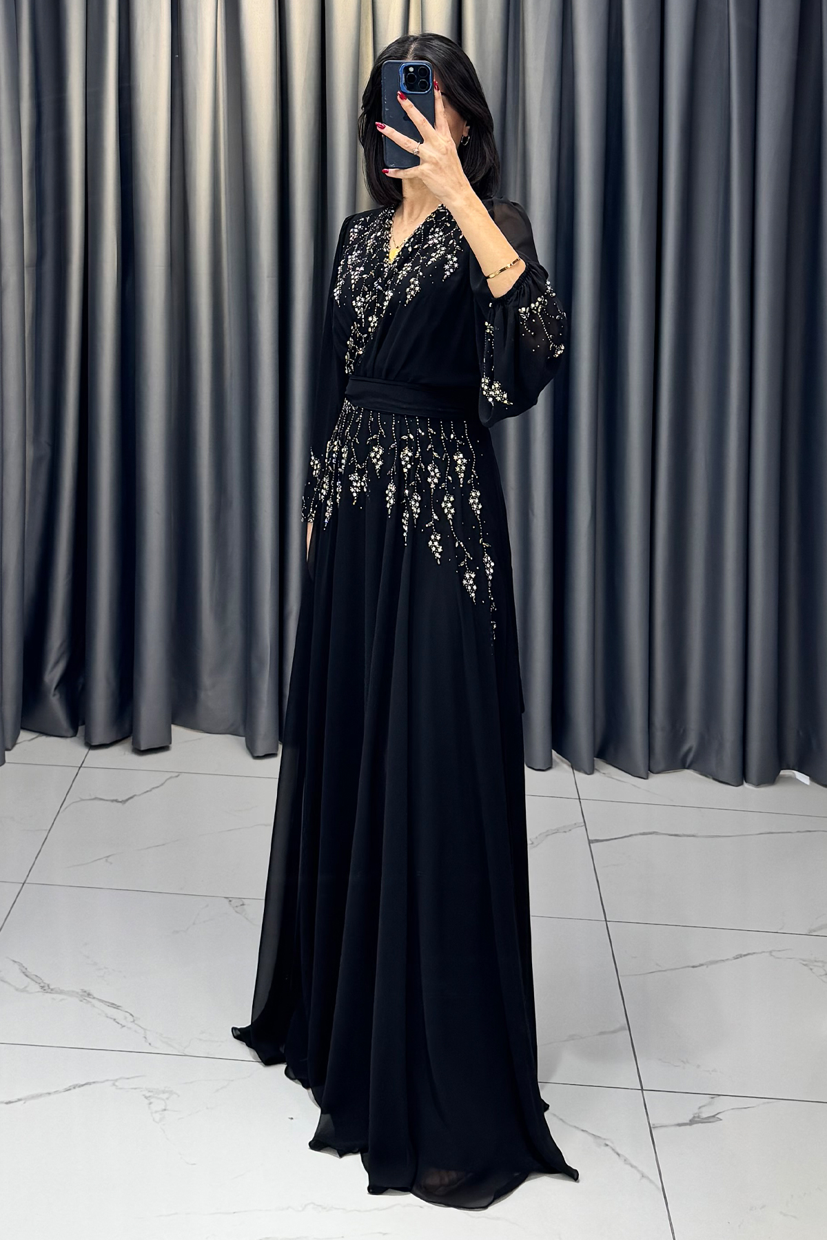 Boncuk Detaylı Beli Kemerli Büyük Beden Abiye Siyah - Görsel 3