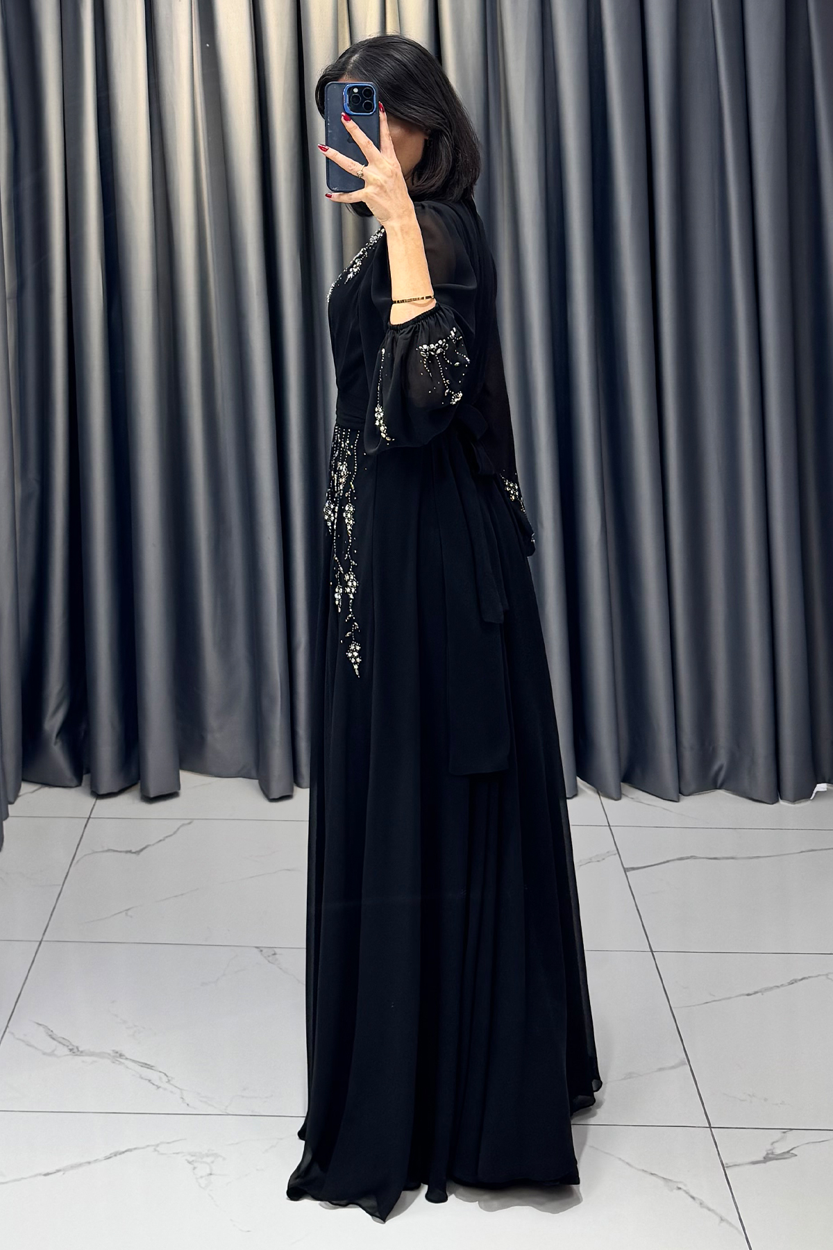 Boncuk Detaylı Beli Kemerli Büyük Beden Abiye Siyah - Görsel 6