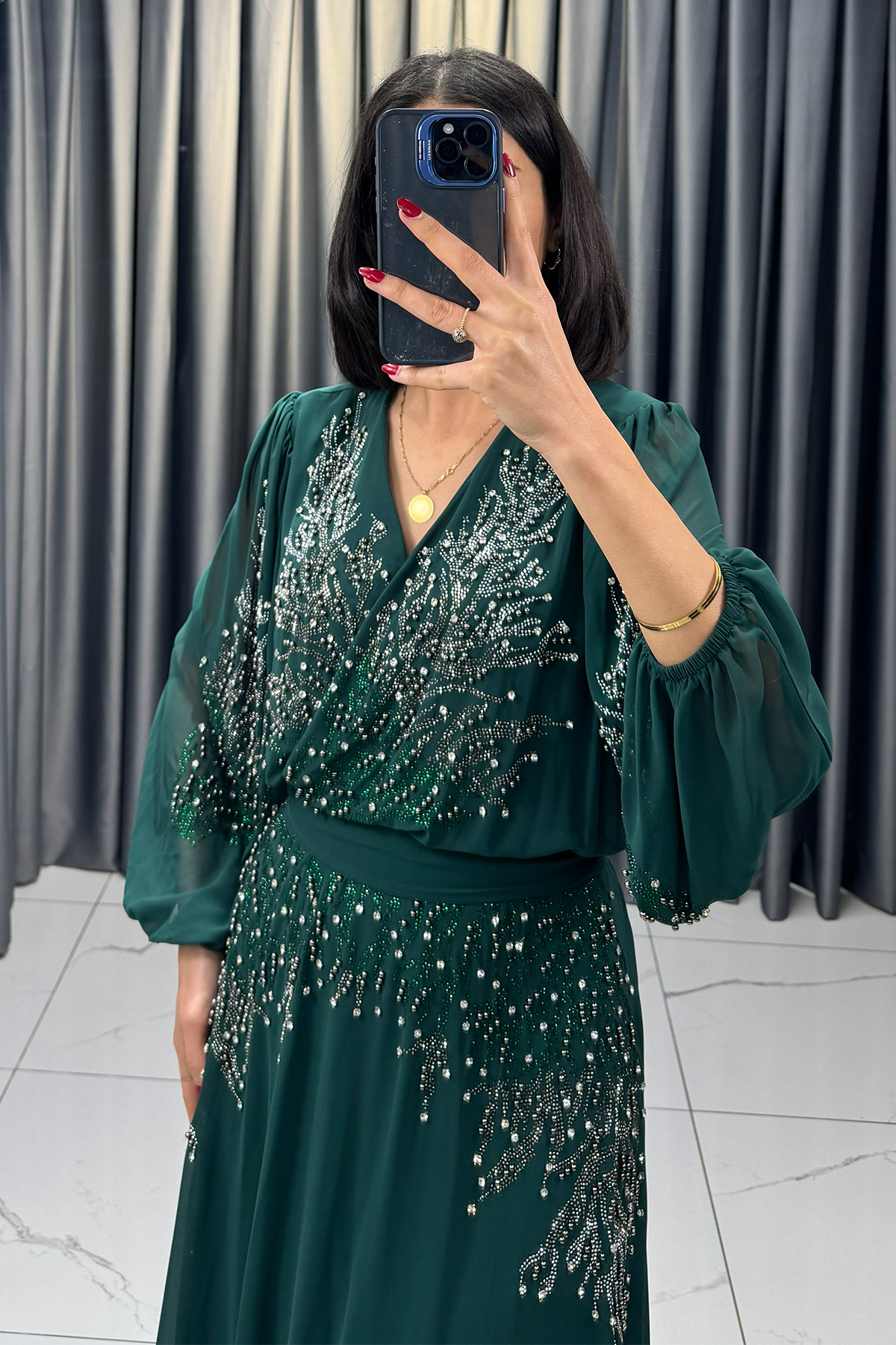 Boncuk İşlemeli Beli Kemerli Büyük Beden Abiye Yeşil - Görsel 4