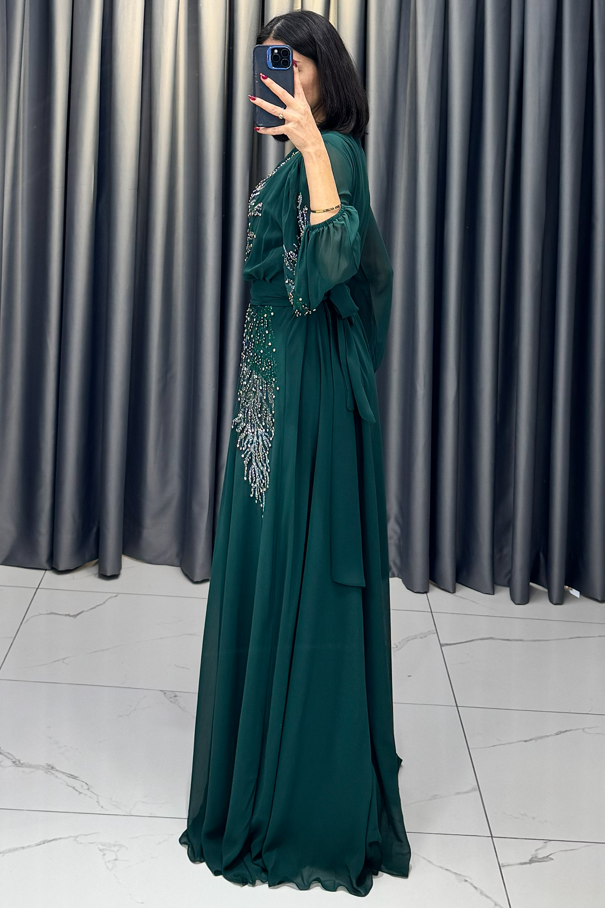 Boncuk İşlemeli Beli Kemerli Büyük Beden Abiye Yeşil - Görsel 5