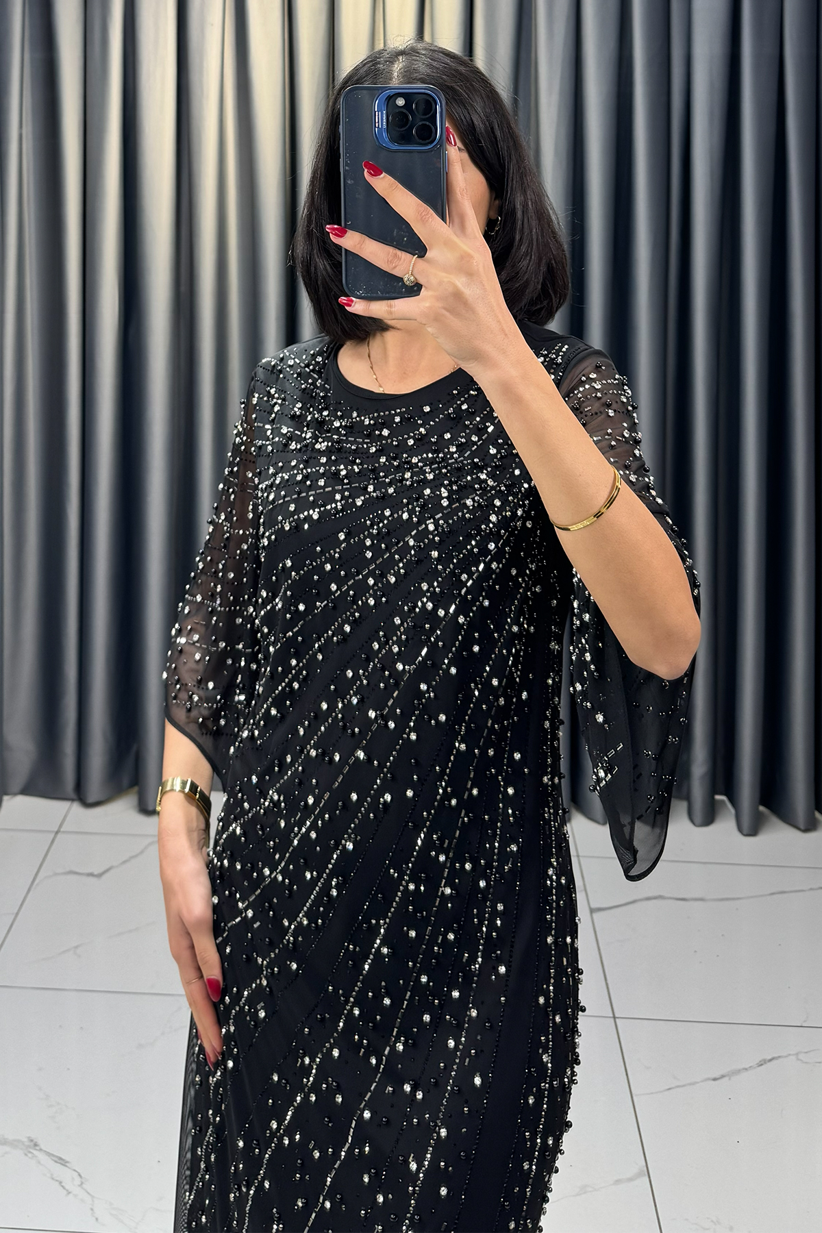 Boncuk İşlemeli Büyük Beden Abiye Siyah - Görsel 4