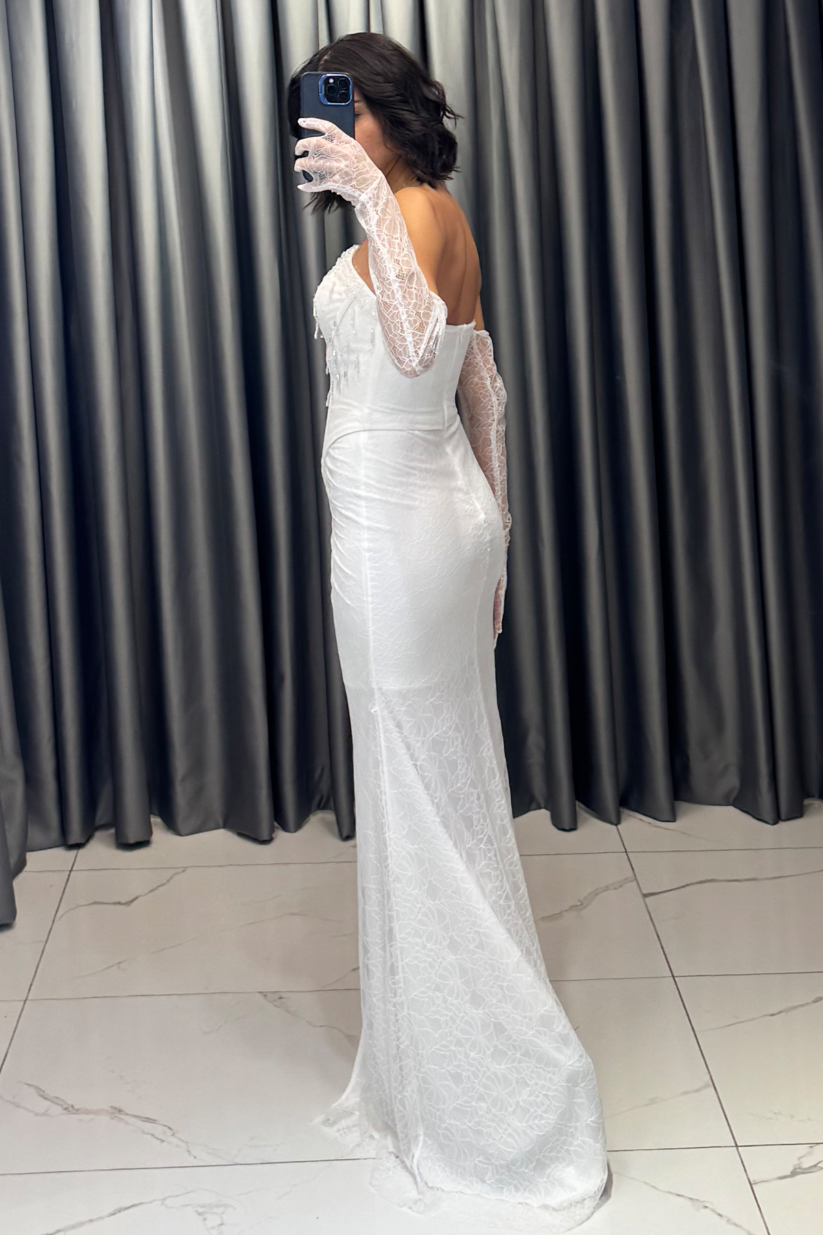 Boncuk İşlemeli Dantelli Şal Detaylı Uzun Abiye Beyaz - Görsel 5