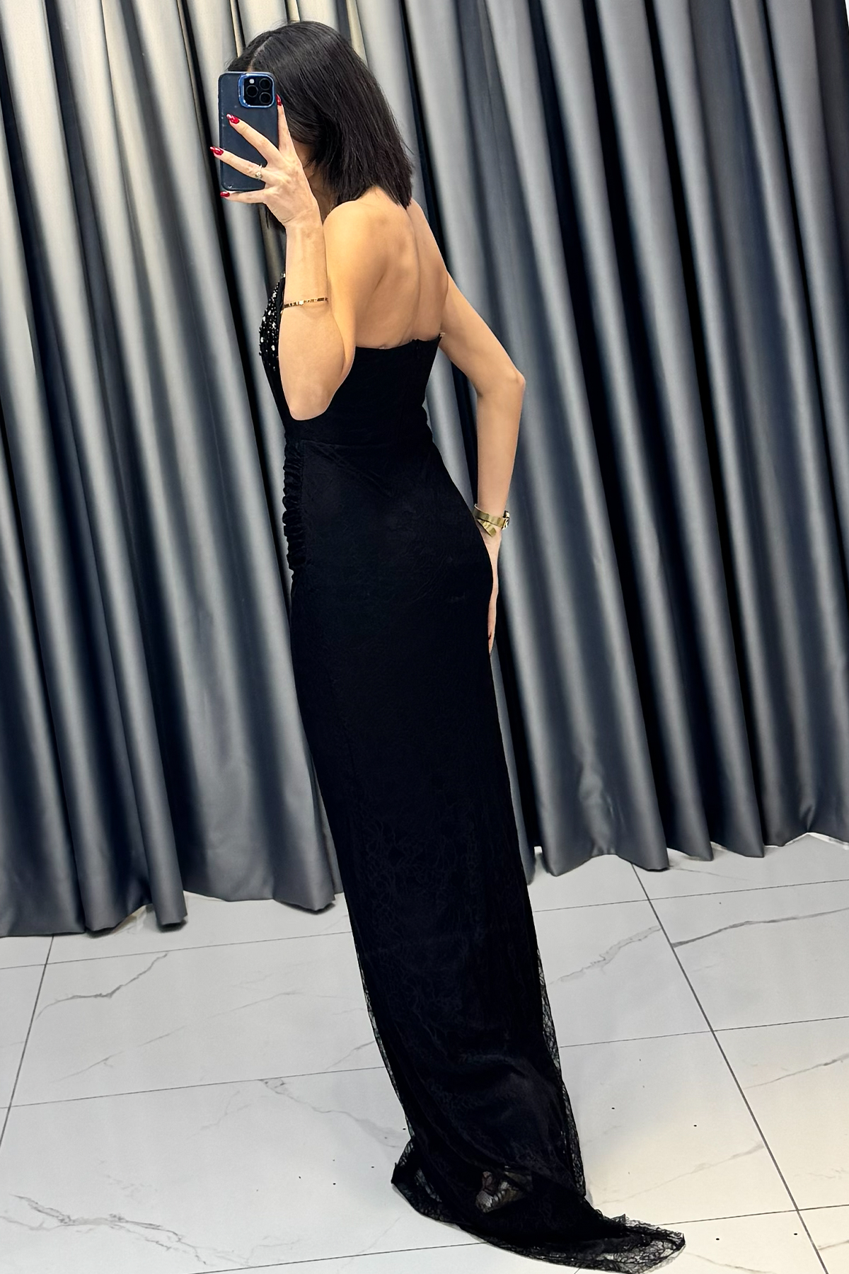 Boncuk İşlemeli Eldiven Detaylı Lez Dantel Abiye Siyah - Görsel 5