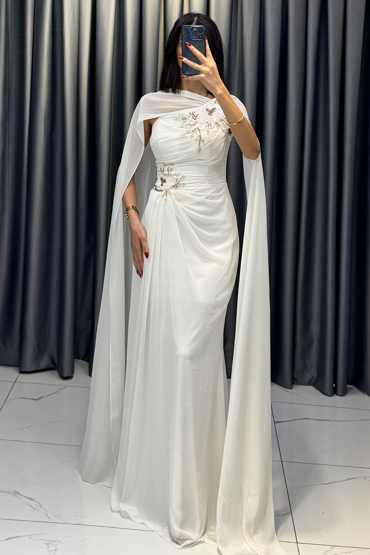 Boncuk İşlemeli Payetli Pelerinli Abiye Ekru