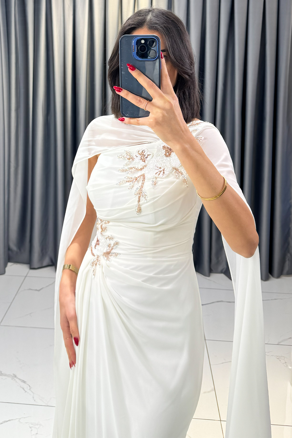 Boncuk İşlemeli Payetli Pelerinli Abiye Ekru - Görsel 3