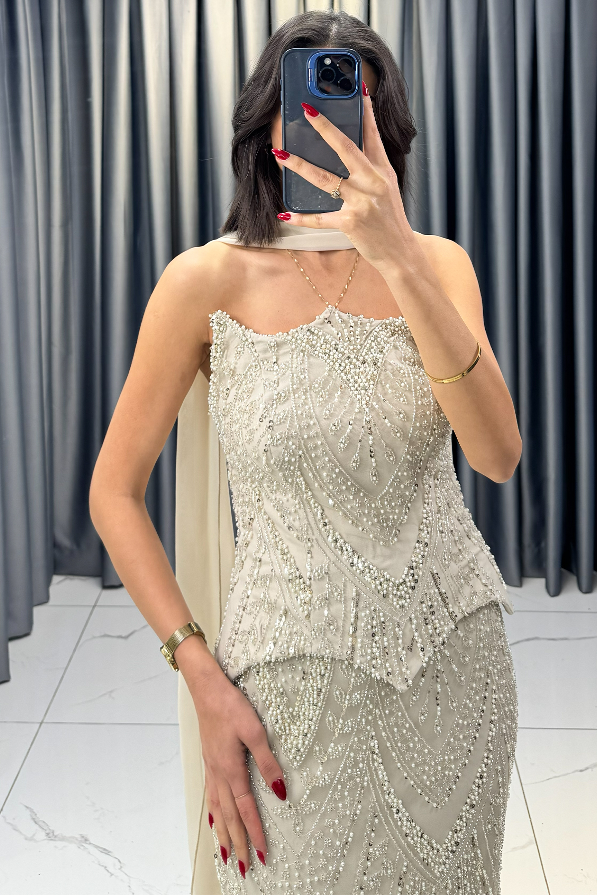 Boncuk İşlemeli Şal Detaylı Korsajlı Balık Model Abiye Bej - Görsel 2