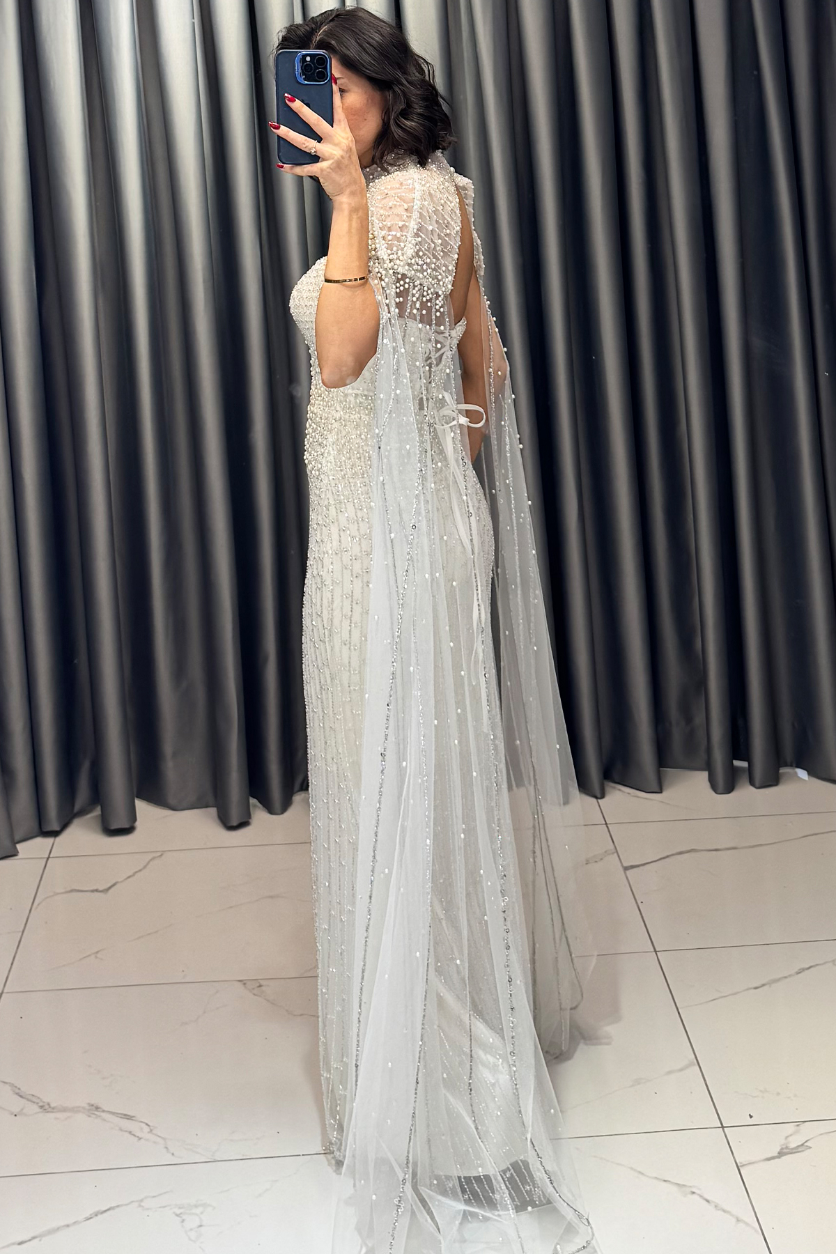 Boncuk İşlemeli Sırta Korsajlı Pelerinli Abiye Ekru - Görsel 5