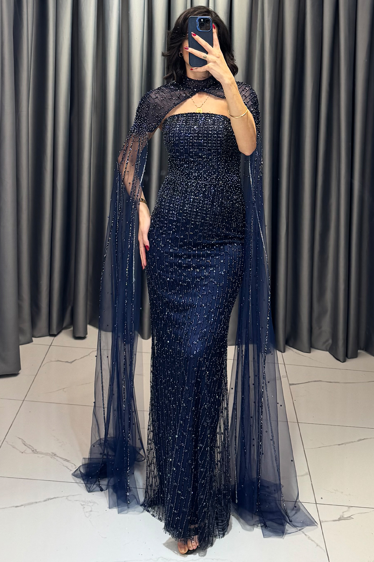 Boncuk İşlemeli Sırta Korsajlı Pelerinli Abiye Lacivert