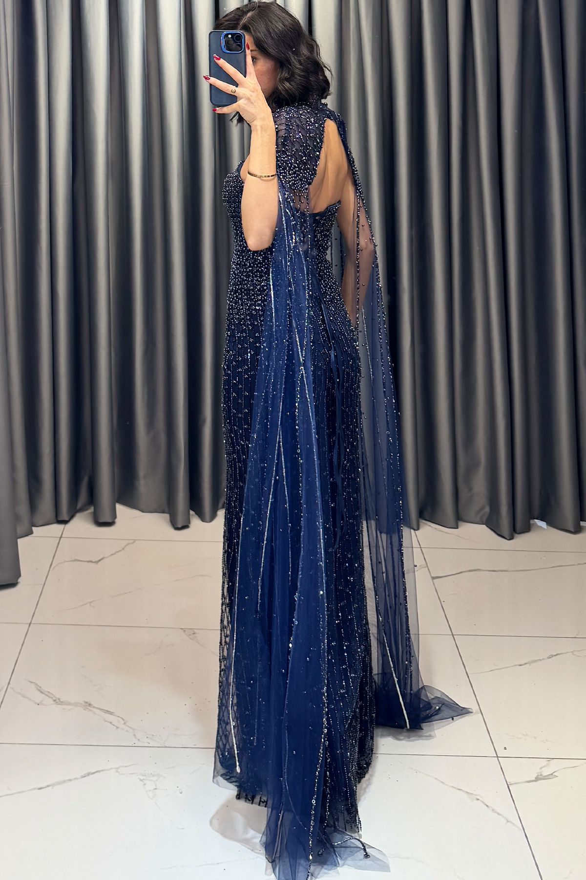 Boncuk İşlemeli Sırta Korsajlı Pelerinli Abiye Lacivert - Görsel 5