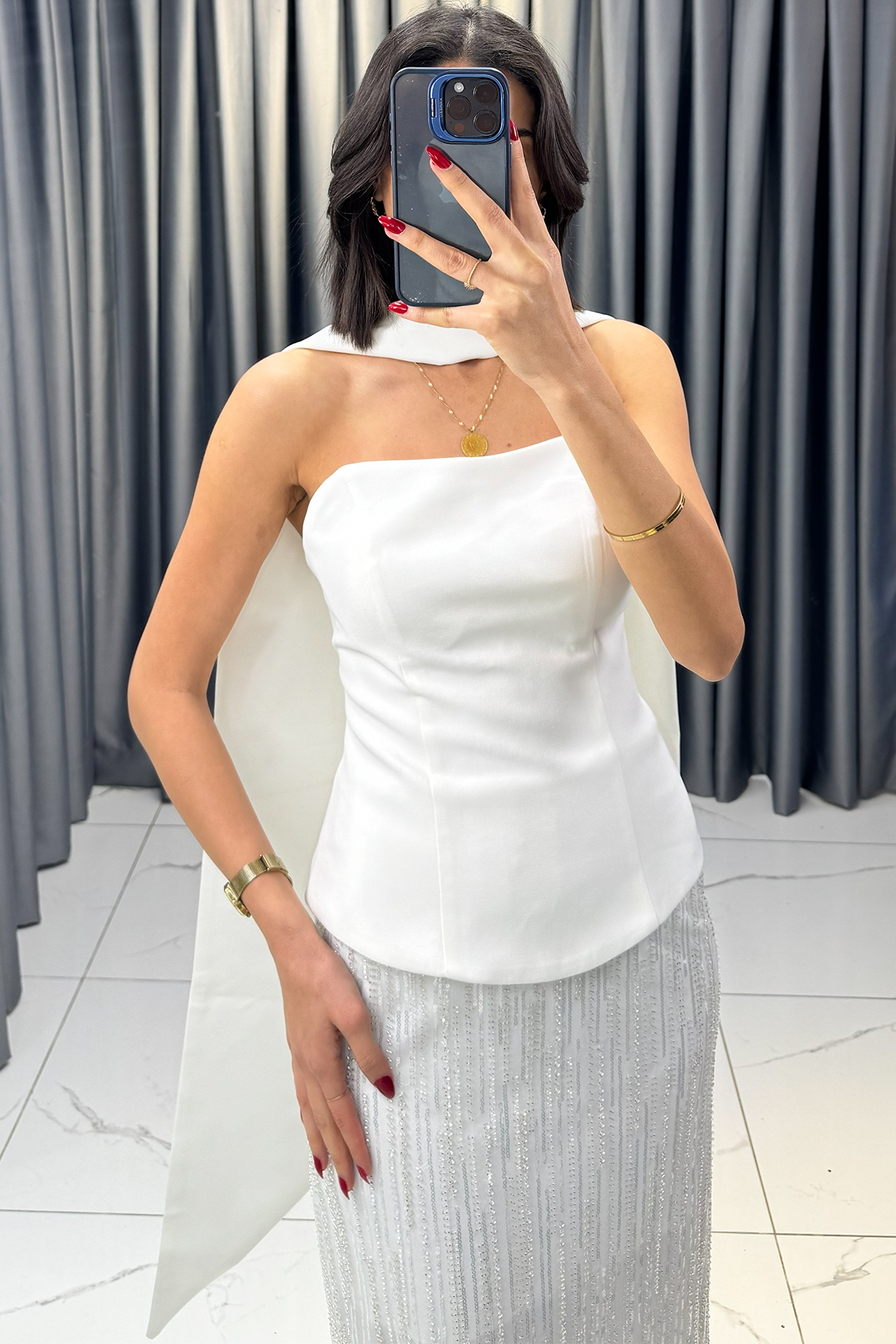 Boncuk İşlemeli Straplez Şal Detaylı Abiye Beyaz - Görsel 2