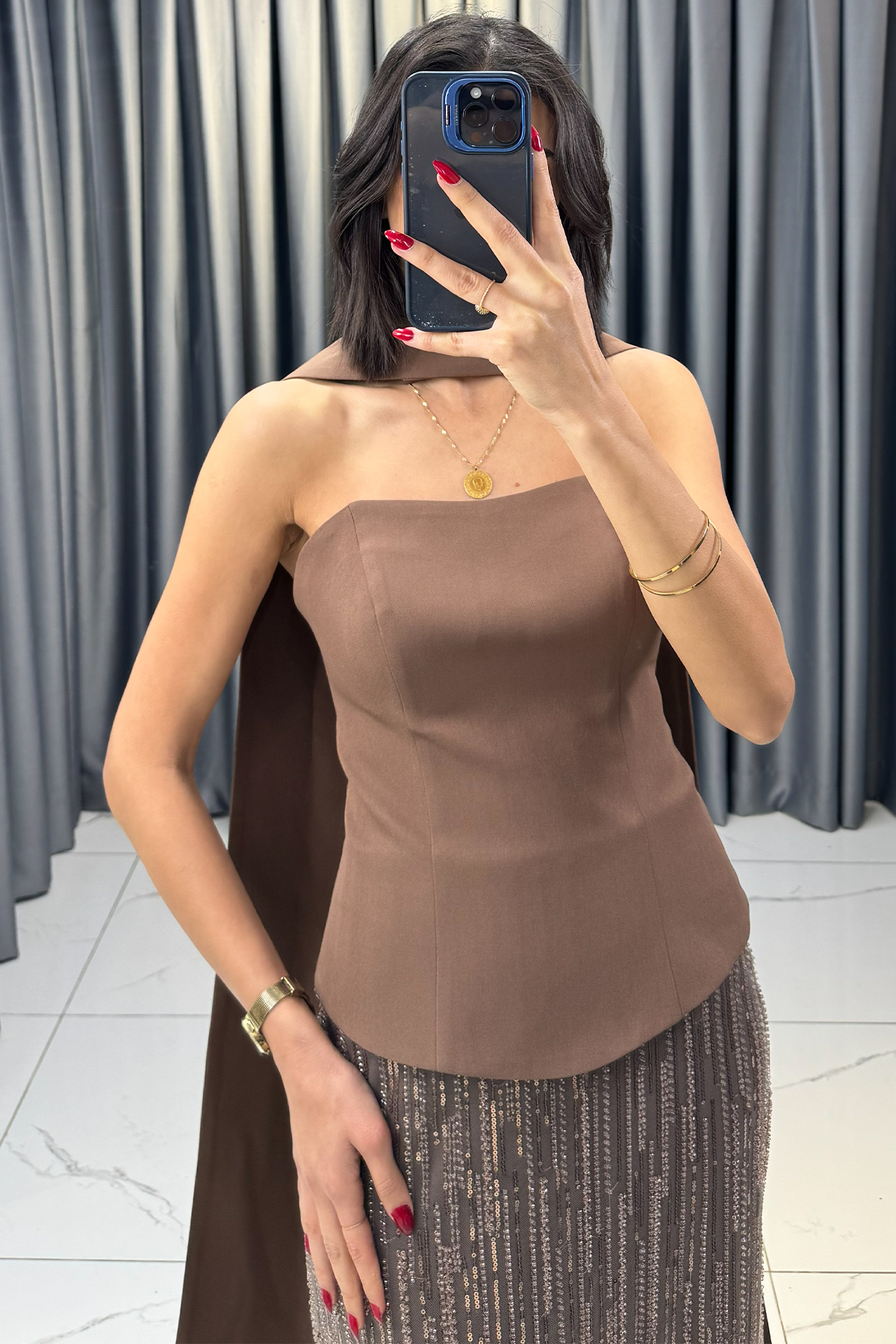 Boncuk İşlemeli Straplez Şal Detaylı Abiye Kahve - Görsel 2