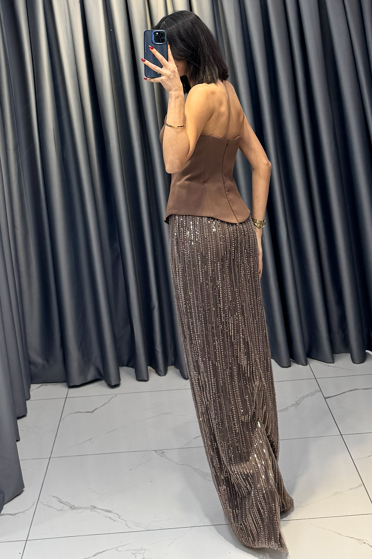 Boncuk İşlemeli Straplez Şal Detaylı Abiye Kahve - Görsel 6