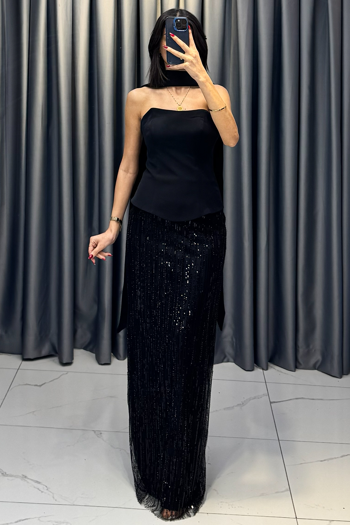 Boncuk İşlemeli Straplez Şal Detaylı Abiye Siyah