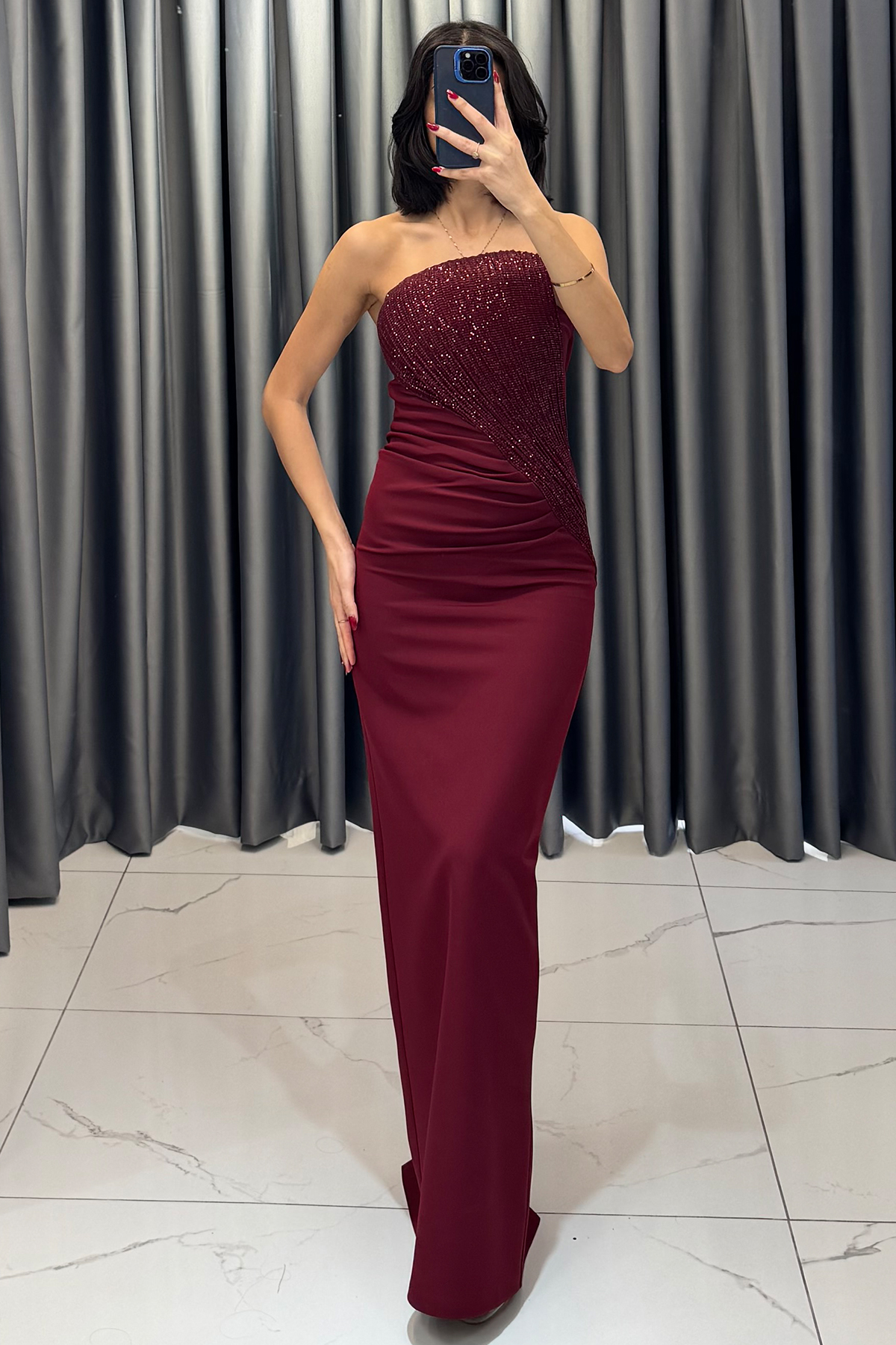 Boncuk İşlemeli Straplez Uzun Abiye Bordo