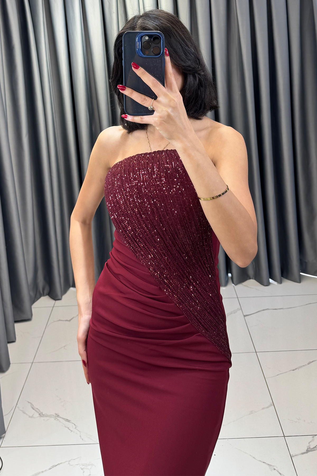 Boncuk İşlemeli Straplez Uzun Abiye Bordo - Görsel 4