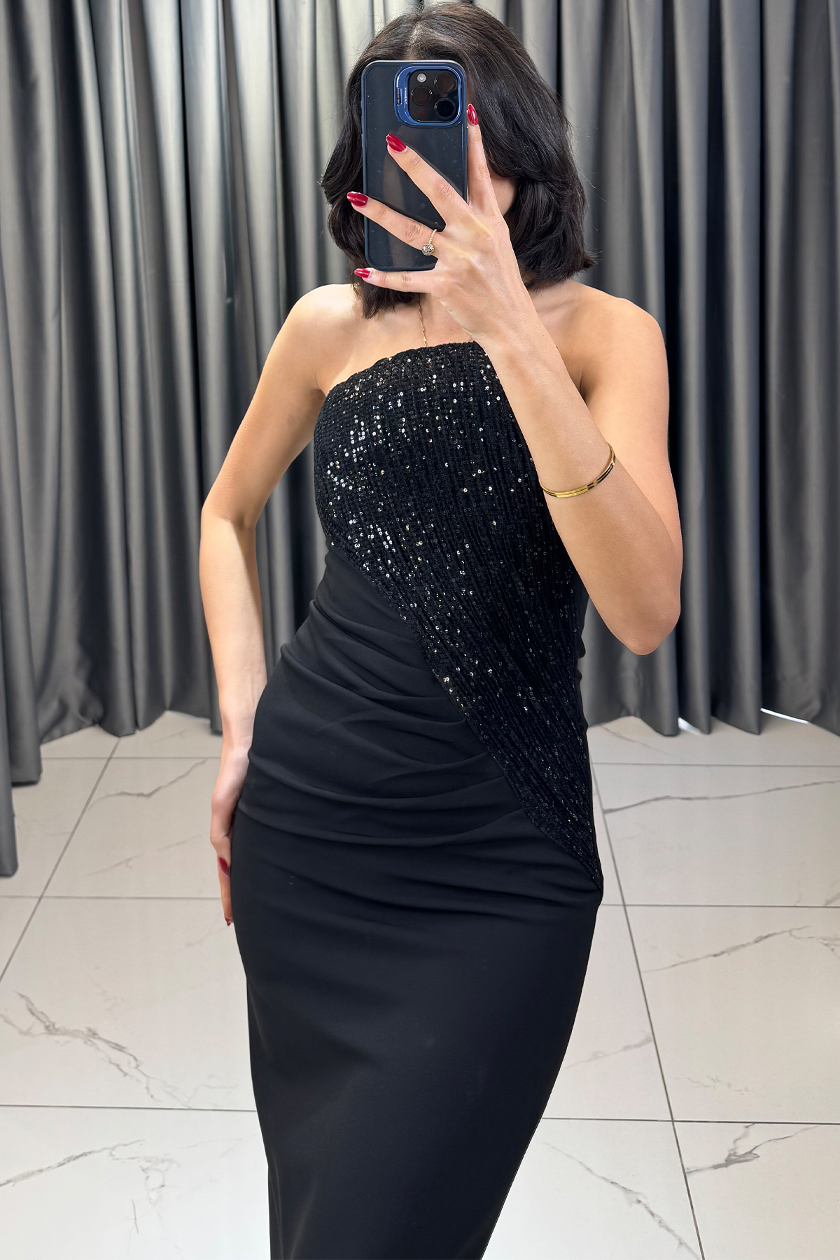 Boncuk İşlemeli Straplez Uzun Abiye Siyah - Görsel 4