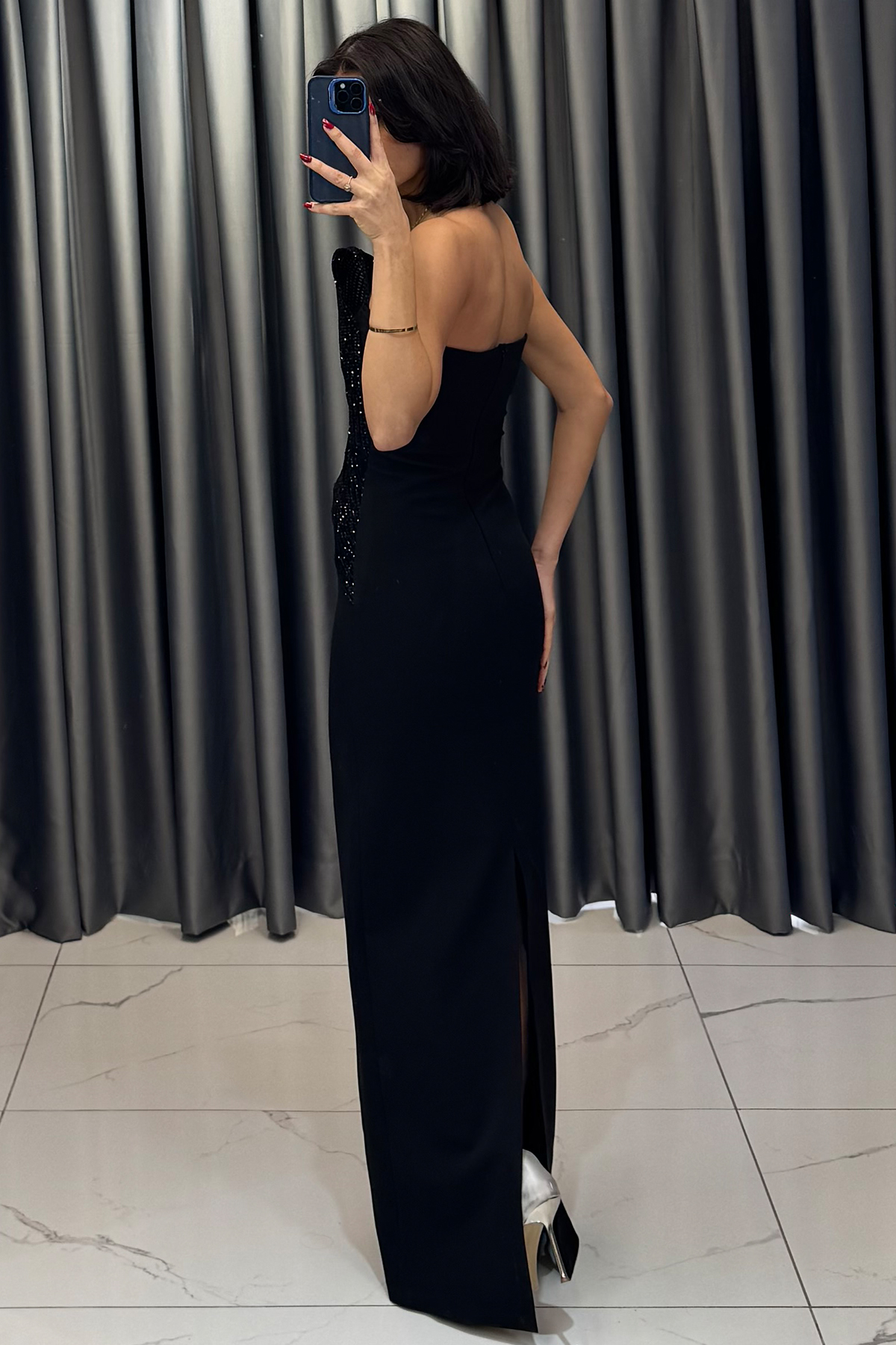 Boncuk İşlemeli Straplez Uzun Abiye Siyah - Görsel 6