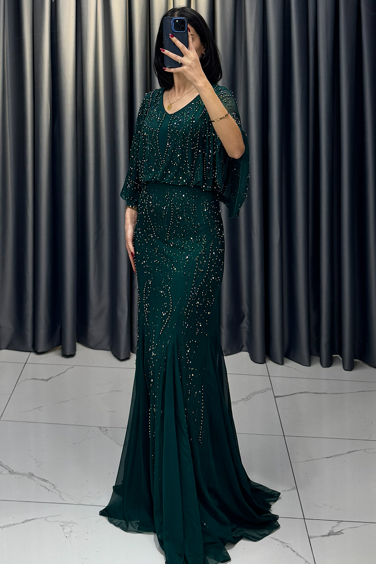 Boncuk İşlemeli Yarasa Kollu Balık Model Büyük Beden Abiye Yeşil - Görsel 3