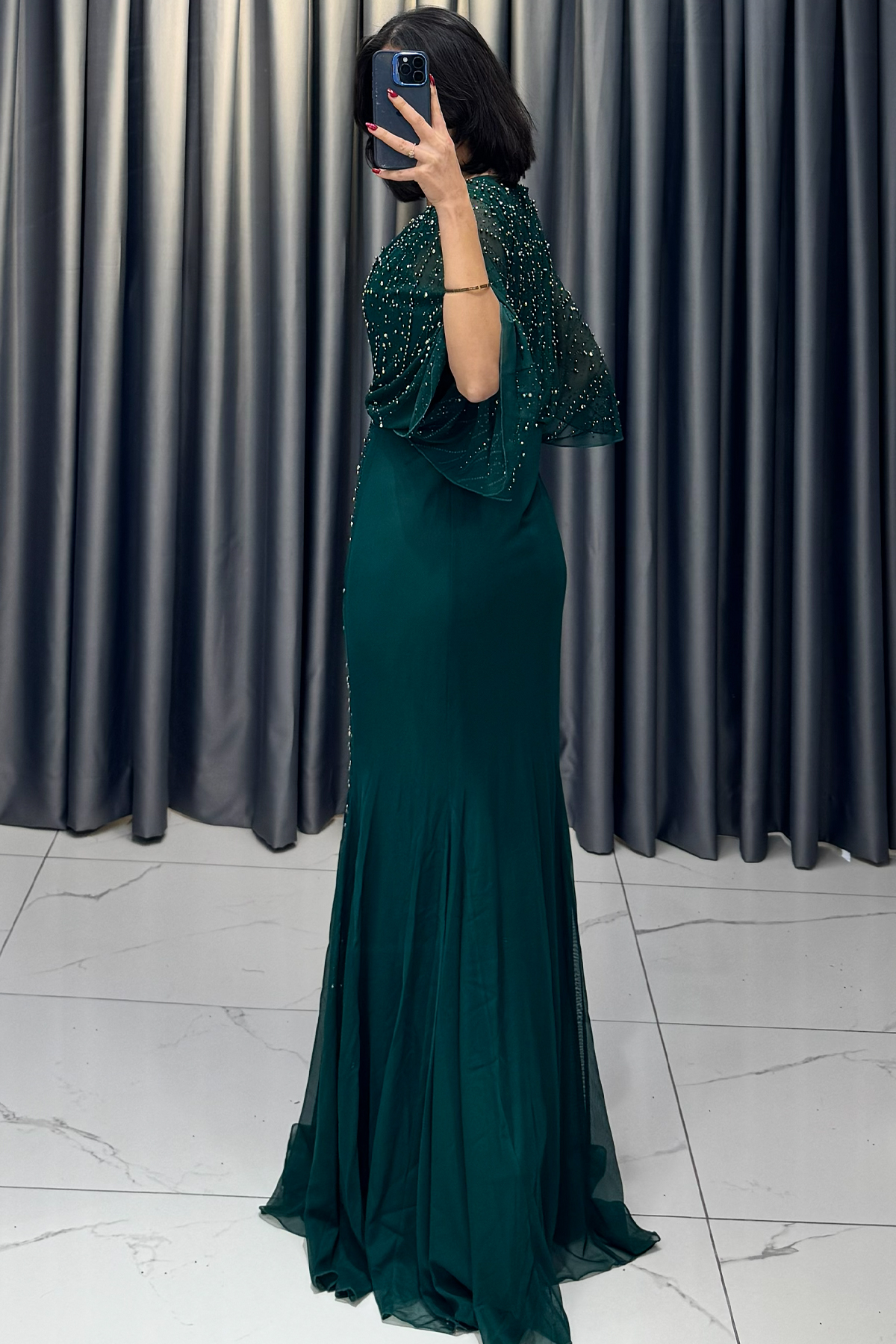 Boncuk İşlemeli Yarasa Kollu Balık Model Büyük Beden Abiye Yeşil - Görsel 5