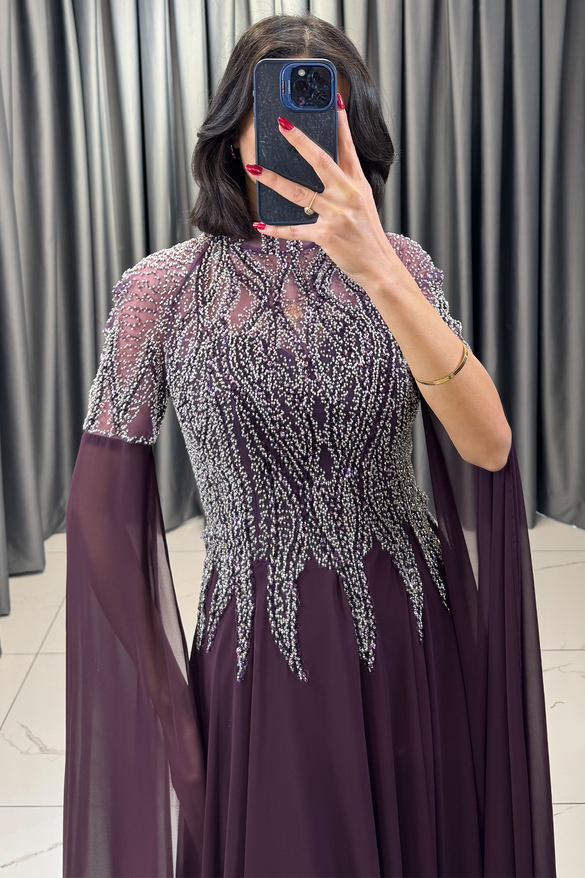 Boncuk İşlemeli Yarasa Kollu Büyük Beden Abiye Mürdüm - Görsel 2