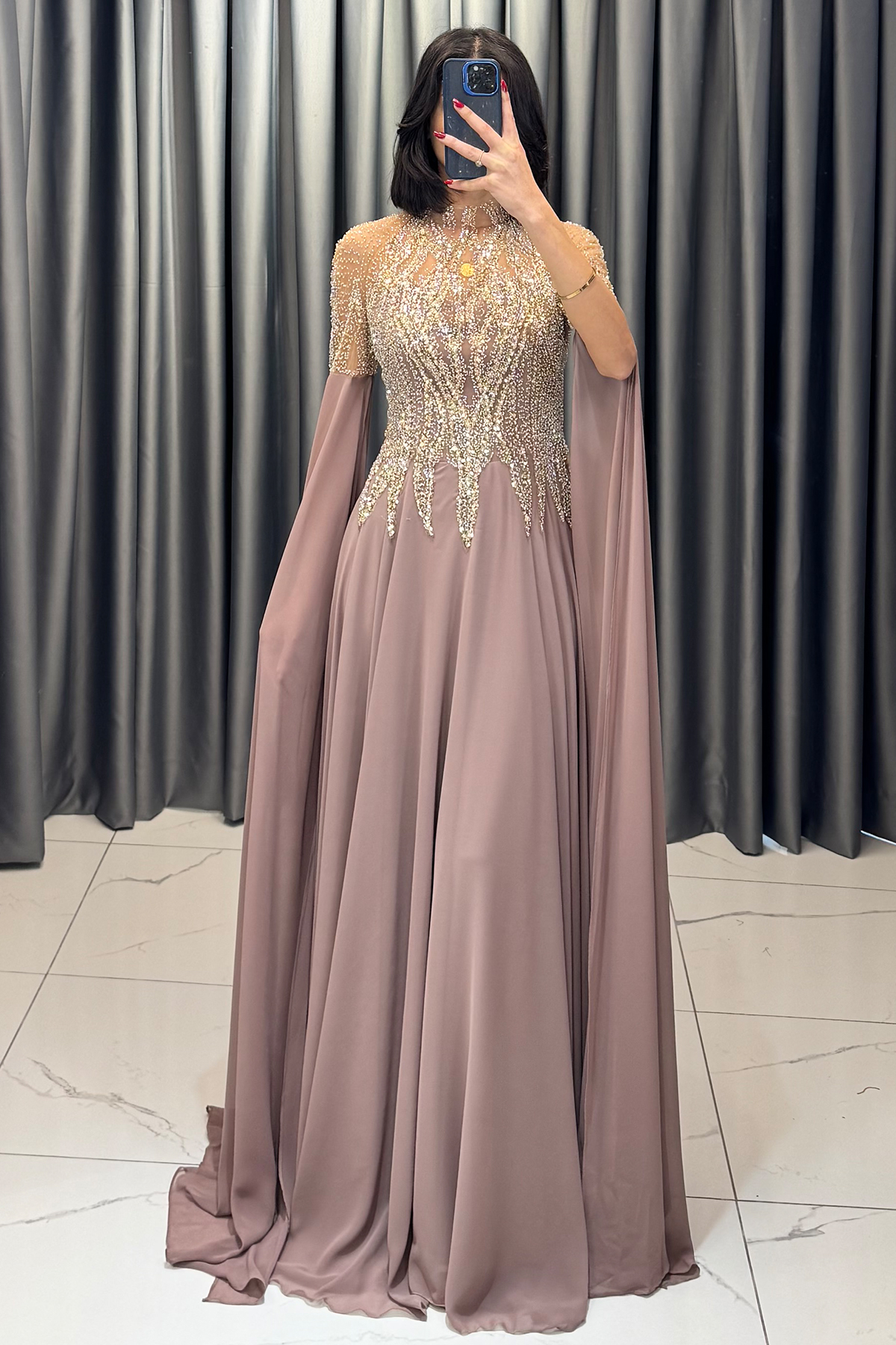 Boncuk İşlemeli Yarasa Kollu Büyük Beden Abiye Pudra - Görsel 5