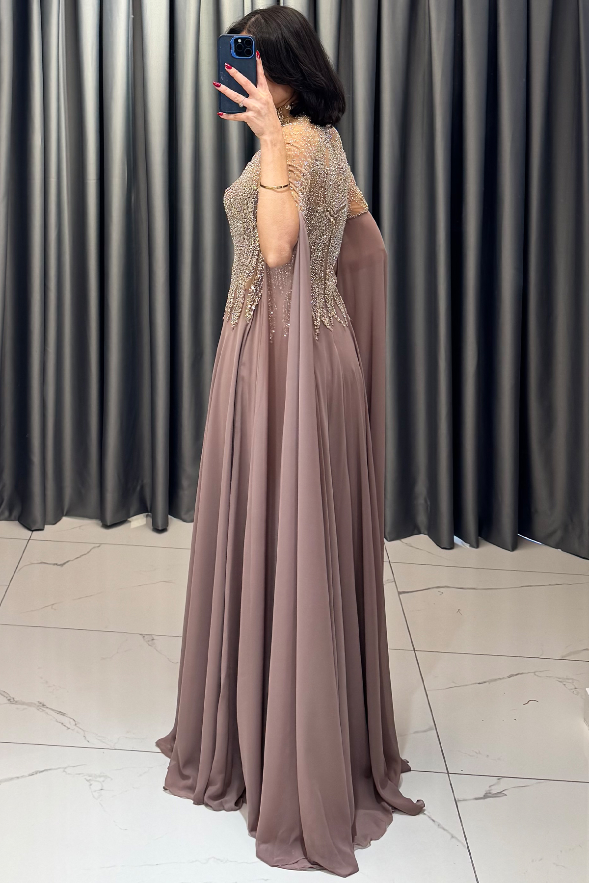 Boncuk İşlemeli Yarasa Kollu Büyük Beden Abiye Pudra - Görsel 6