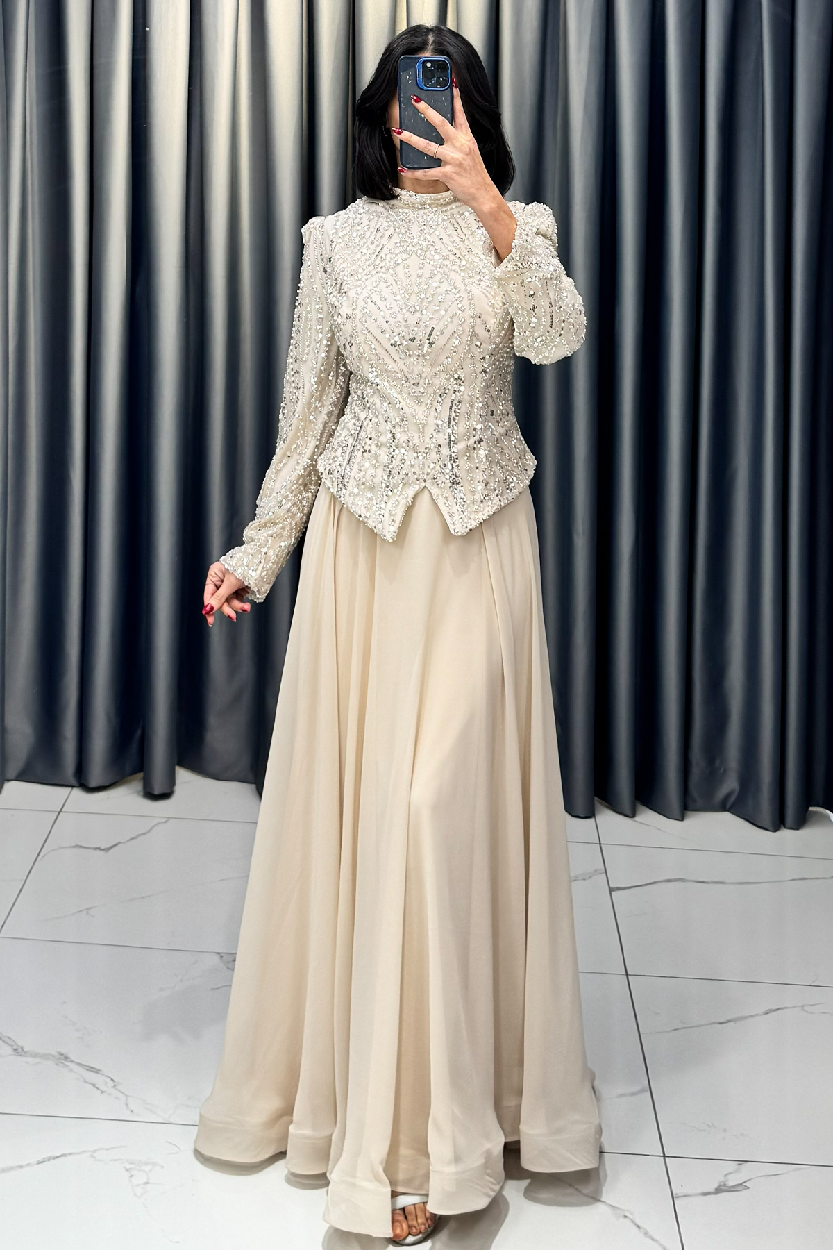 Boncuk Ve Payet İşlemeli Büyük Beden Abiye Ekru