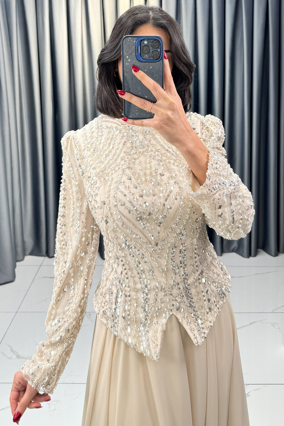 Boncuk Ve Payet İşlemeli Büyük Beden Abiye Ekru - Görsel 2