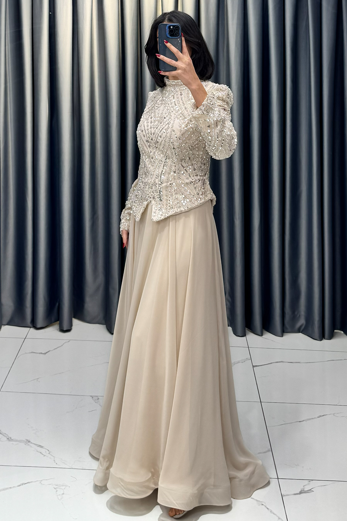 Boncuk Ve Payet İşlemeli Büyük Beden Abiye Ekru - Görsel 3