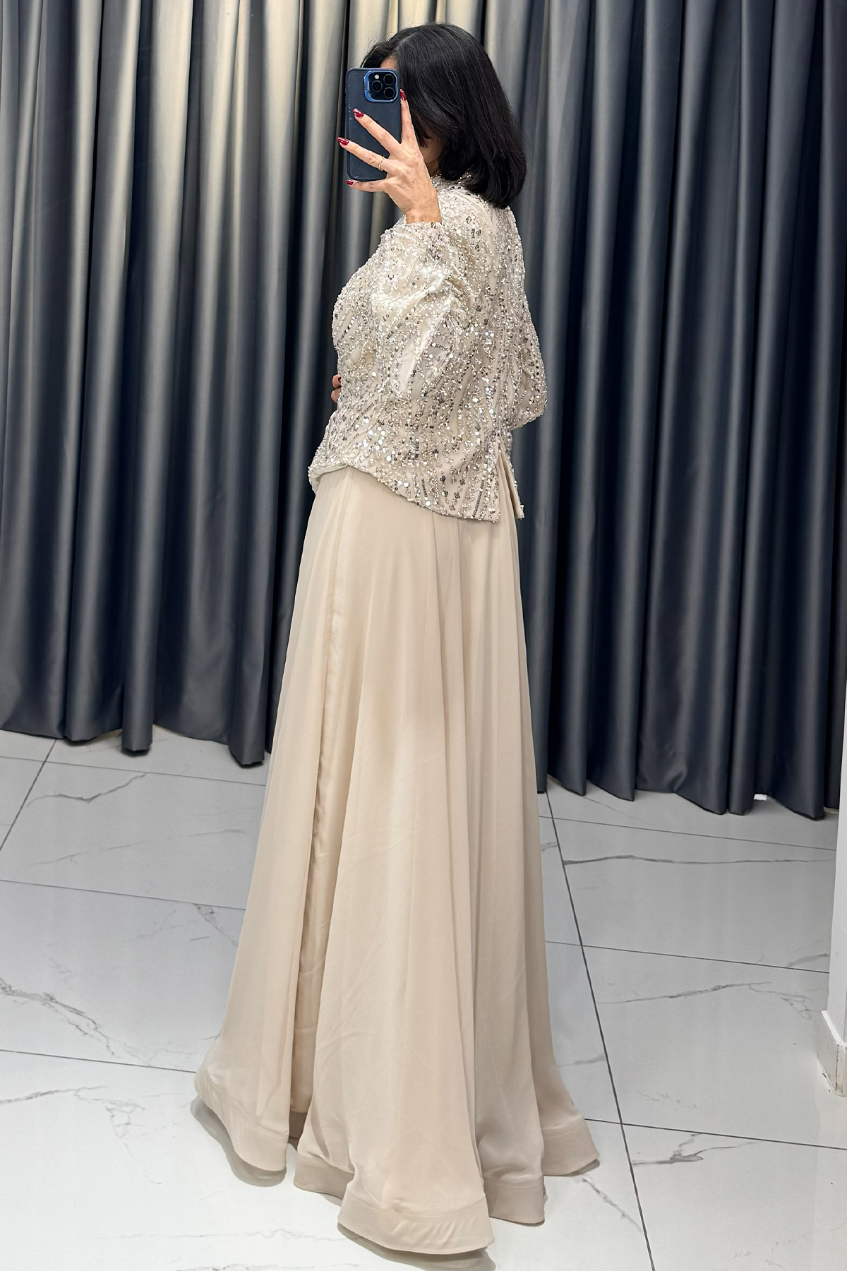 Boncuk Ve Payet İşlemeli Büyük Beden Abiye Ekru - Görsel 5