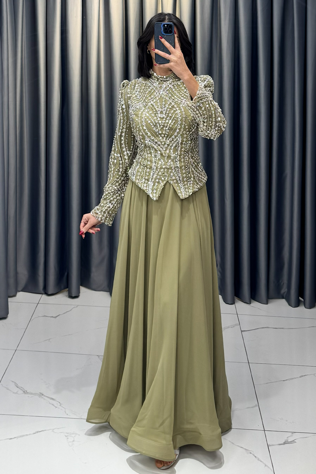 Boncuk Ve Payet İşlemeli Büyük Beden Abiye Haki