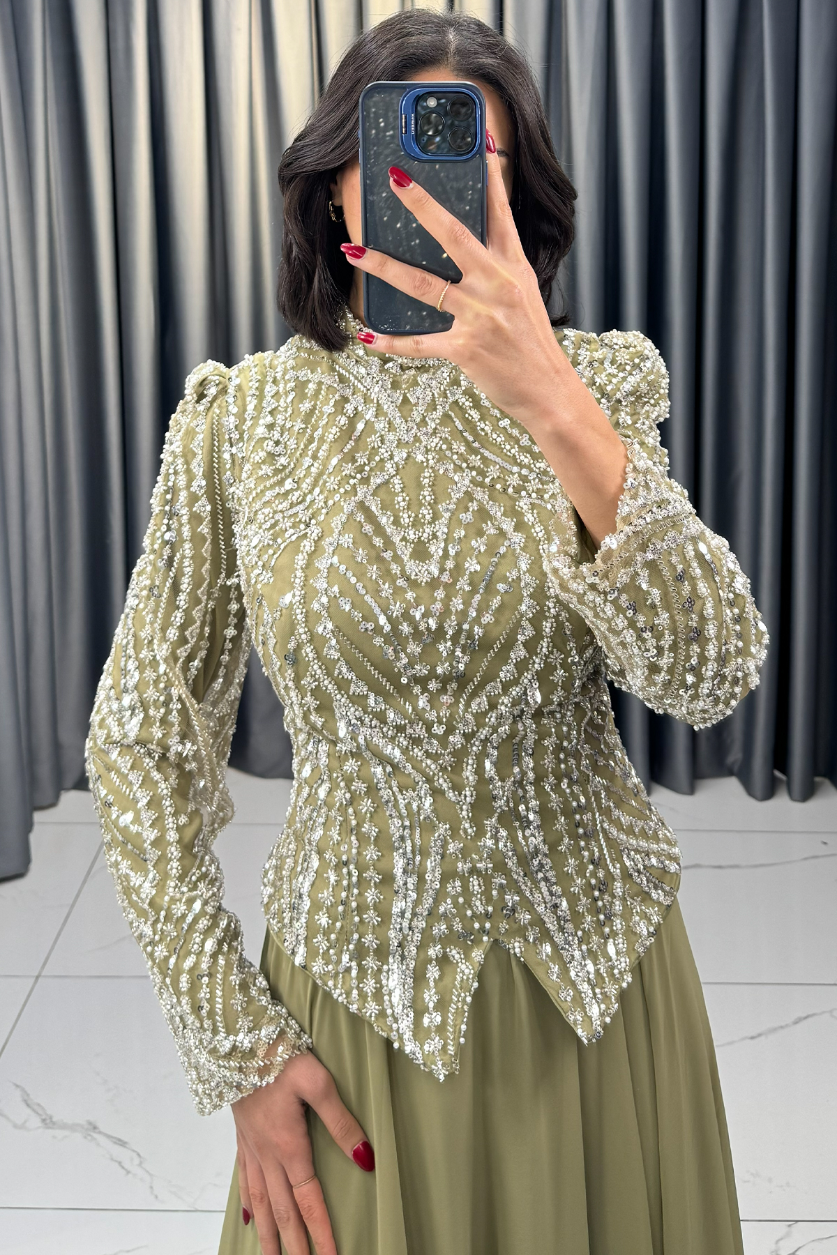 Boncuk Ve Payet İşlemeli Büyük Beden Abiye Haki - Görsel 2