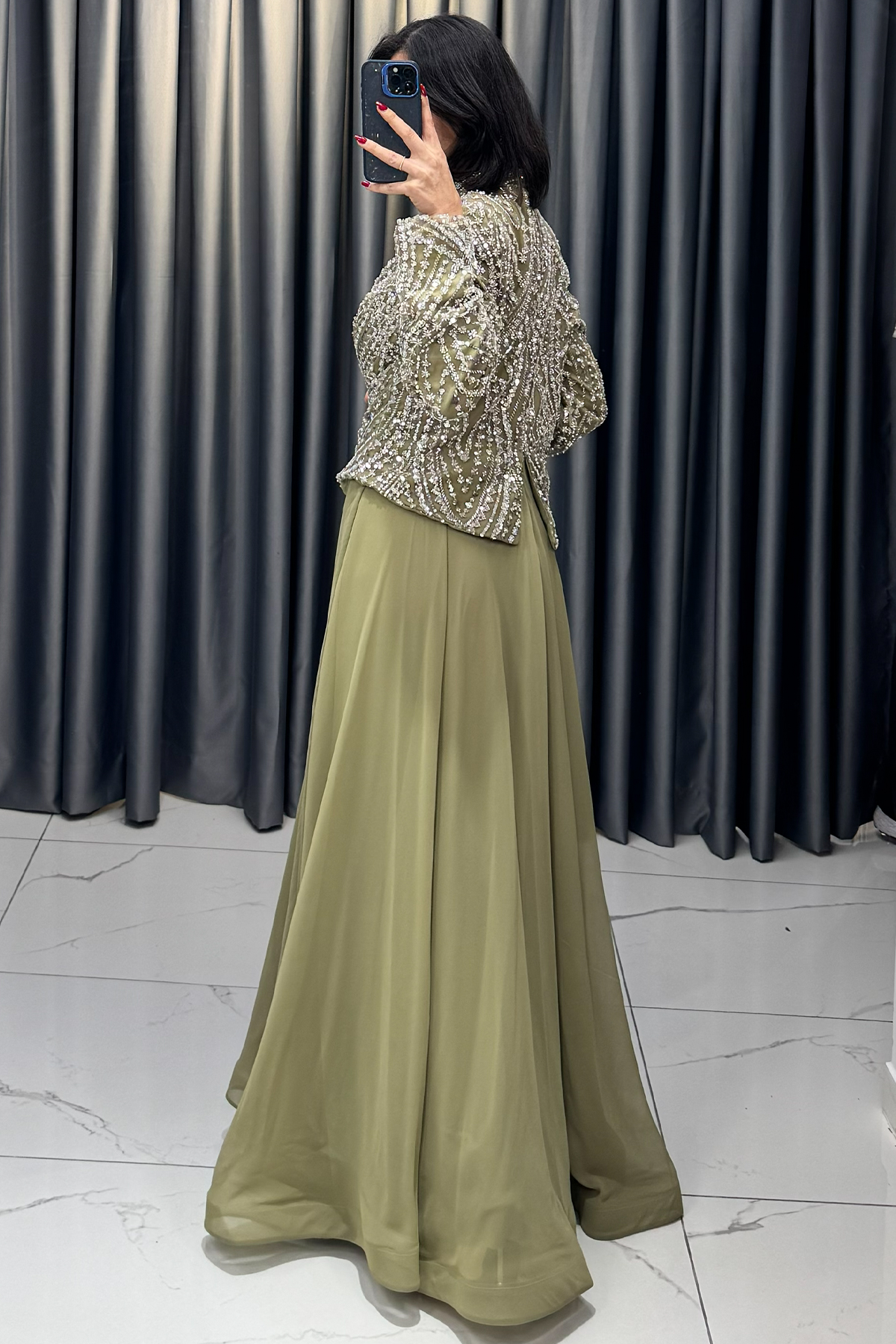 Boncuk Ve Payet İşlemeli Büyük Beden Abiye Haki - Görsel 5