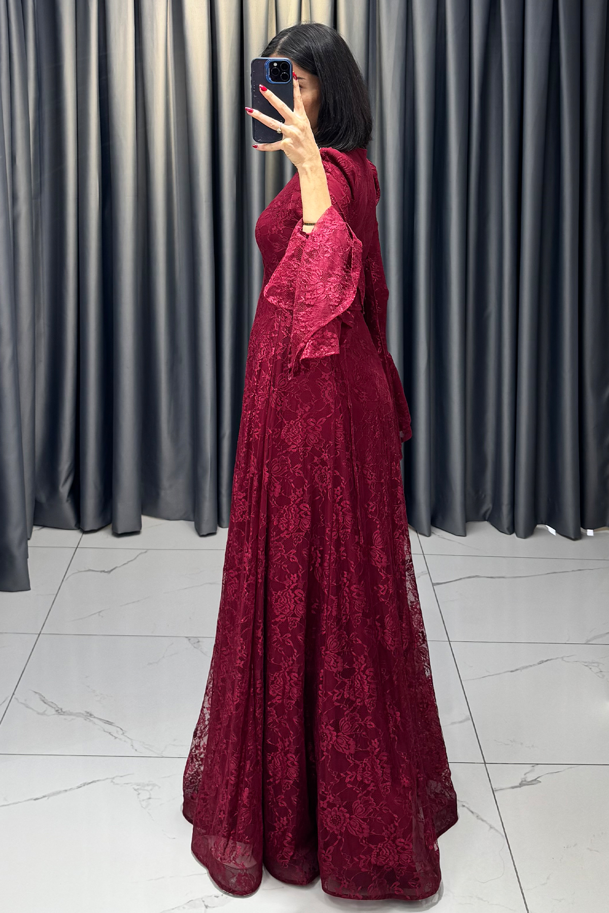 Boynu Taş İşlemeli Yarasa Kollu Arkası İpli Abiye Bordo - Görsel 6