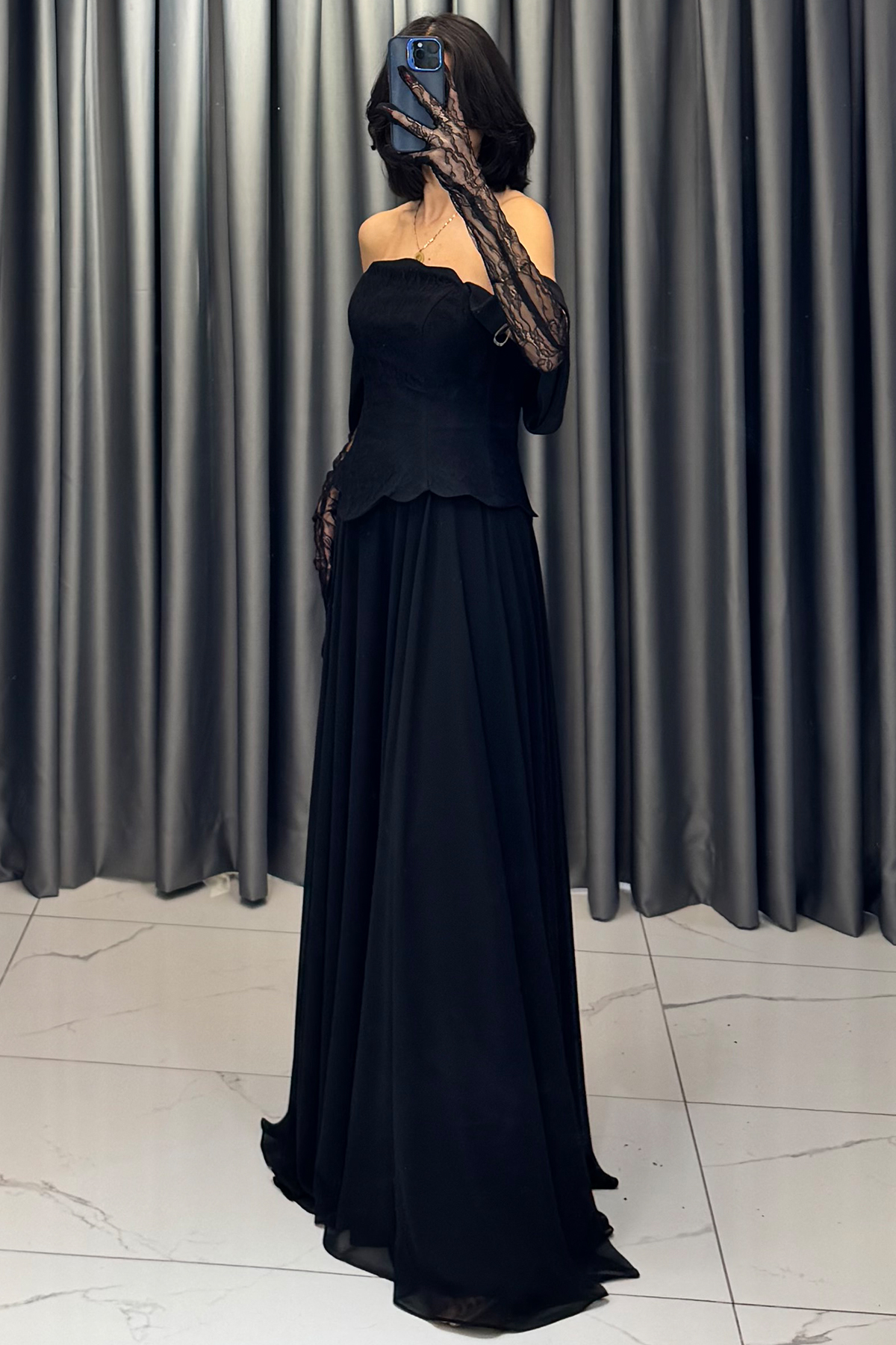 Düşük Kollu Dantel Detaylı Belden Oturtmalı Eldivenli Abiye Siyah - Görsel 3