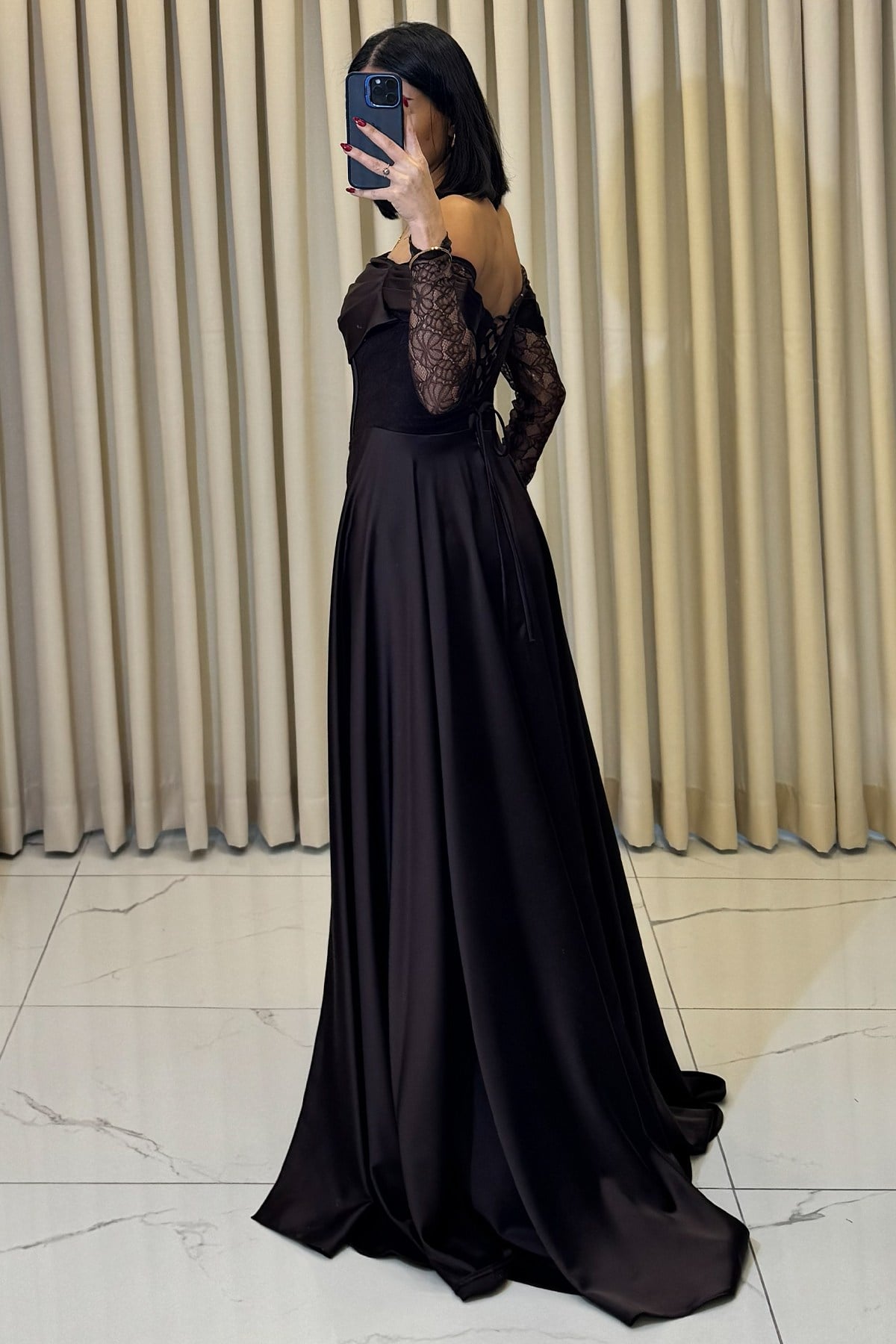 Düşük Kollu Lez Dantel Pelerinli Abiye Kahve - Görsel 5