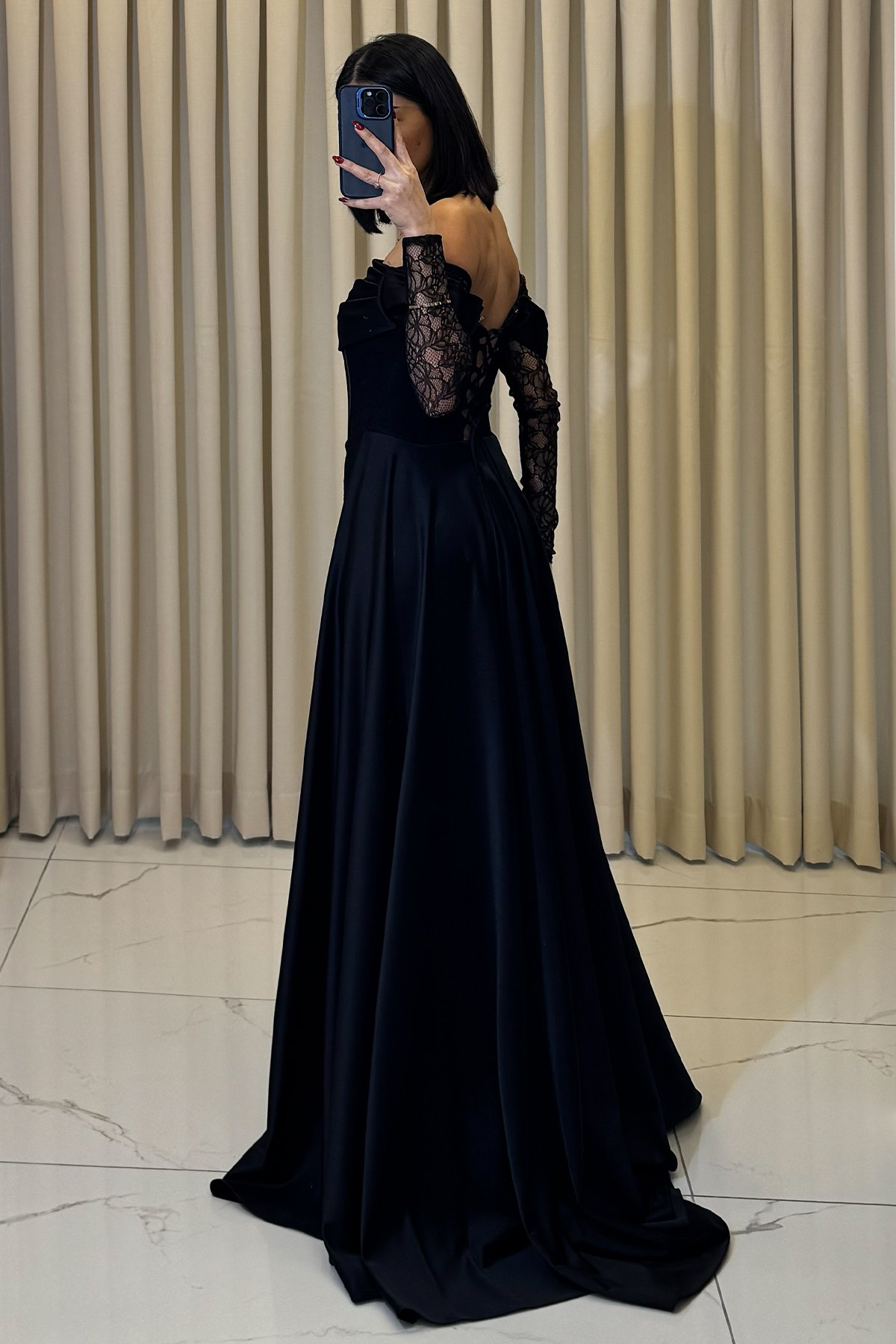 Düşük Kollu Lez Dantel Pelerinli Abiye Siyah - Görsel 5