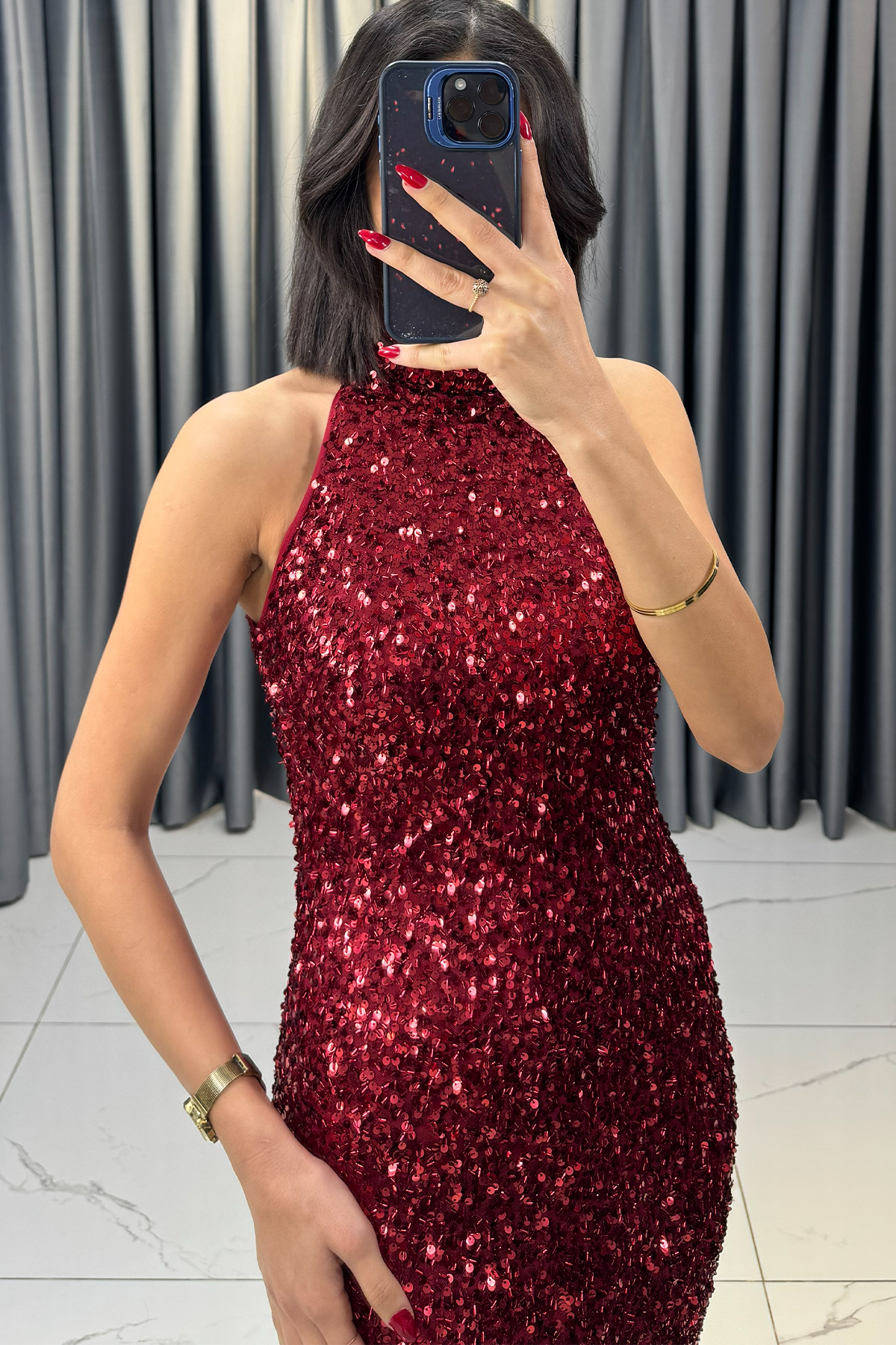 Halter Yaka Payetli Yırtmaçlı Abiye Kırmızı - Görsel 2