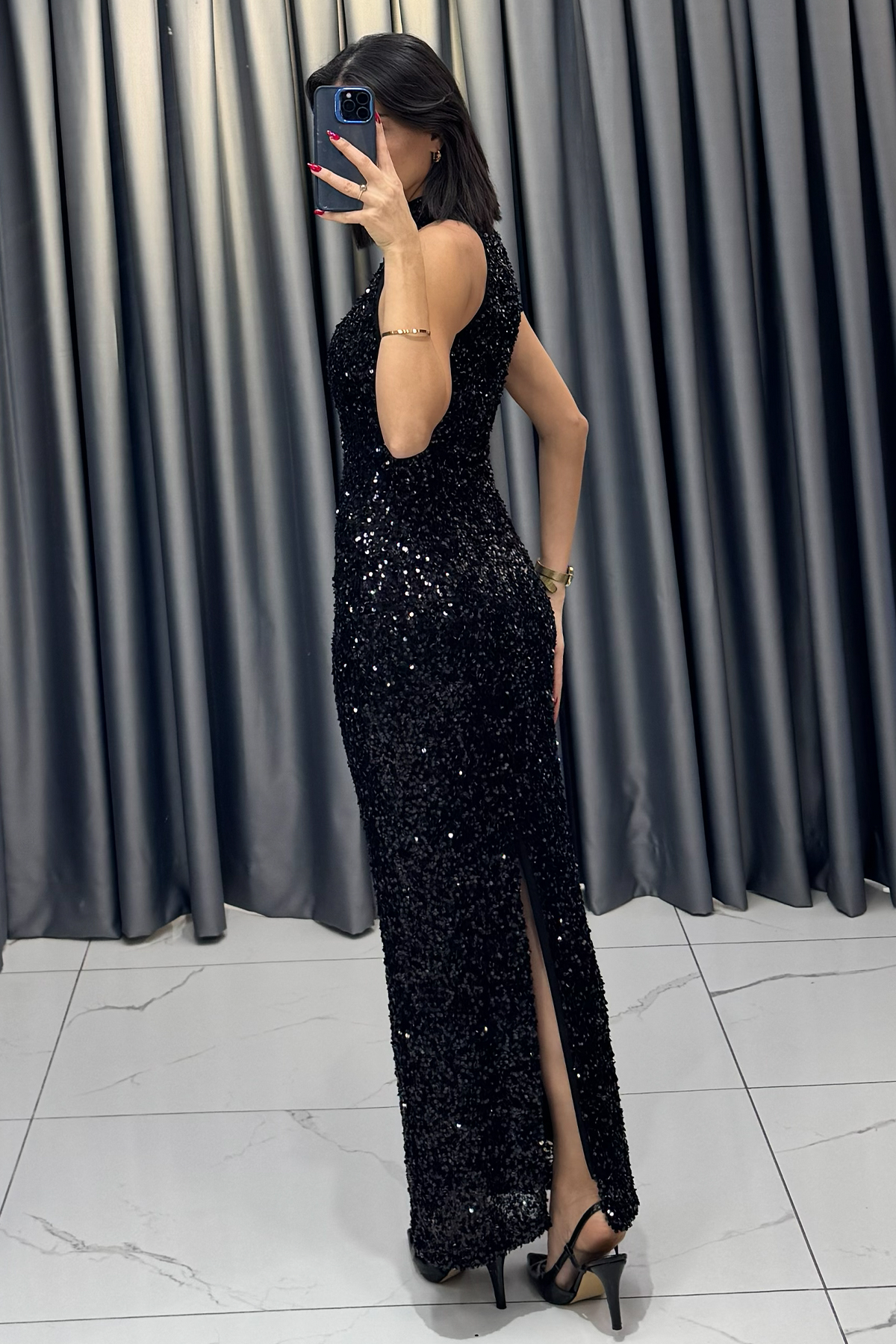 Halter Yaka Payetli Yırtmaçlı Abiye siyah - Görsel 5